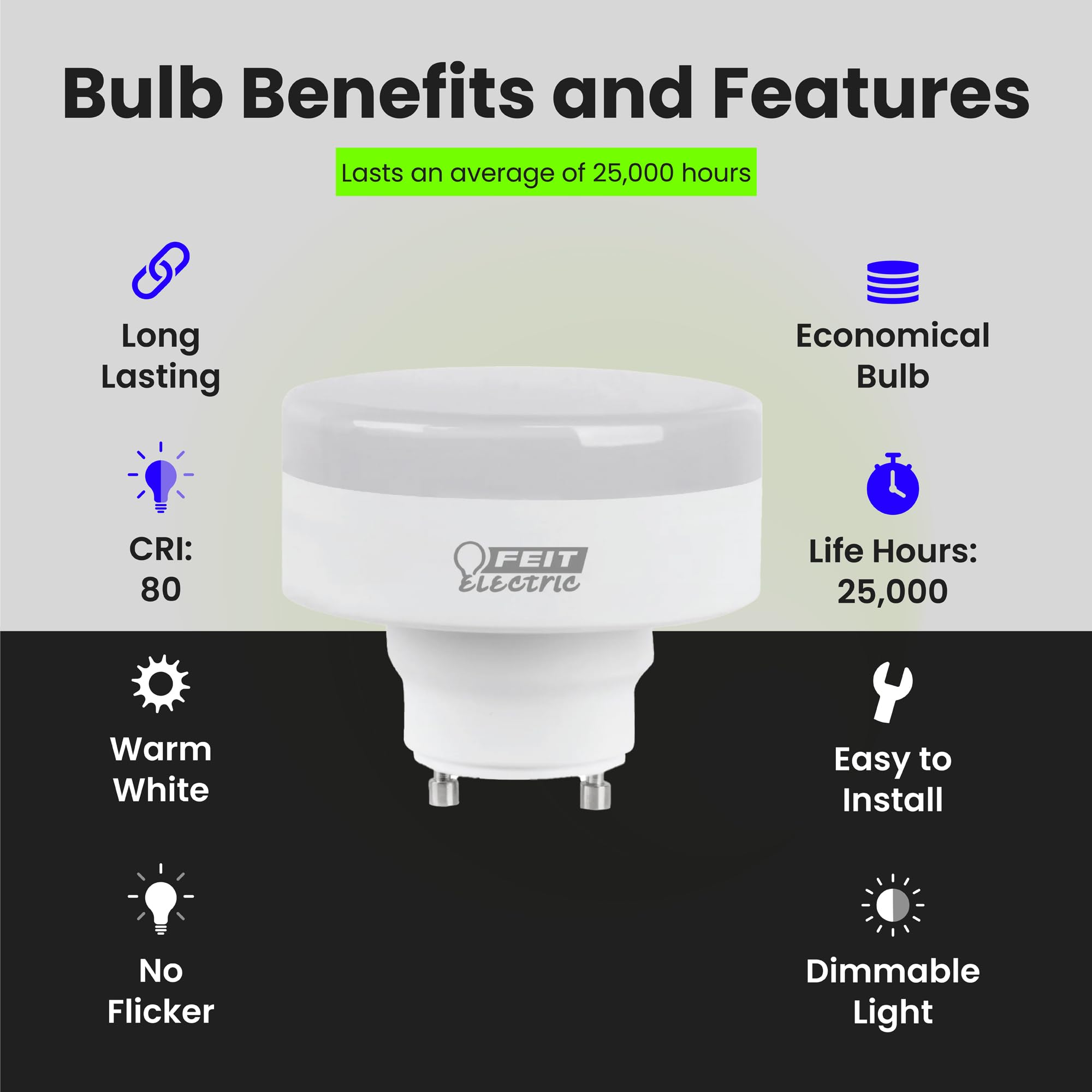 Feit Electric LED Light Bulb, 60W EQ, Warm White 3000K, Plastic, Model PU60/830/GU24, Pack of 1