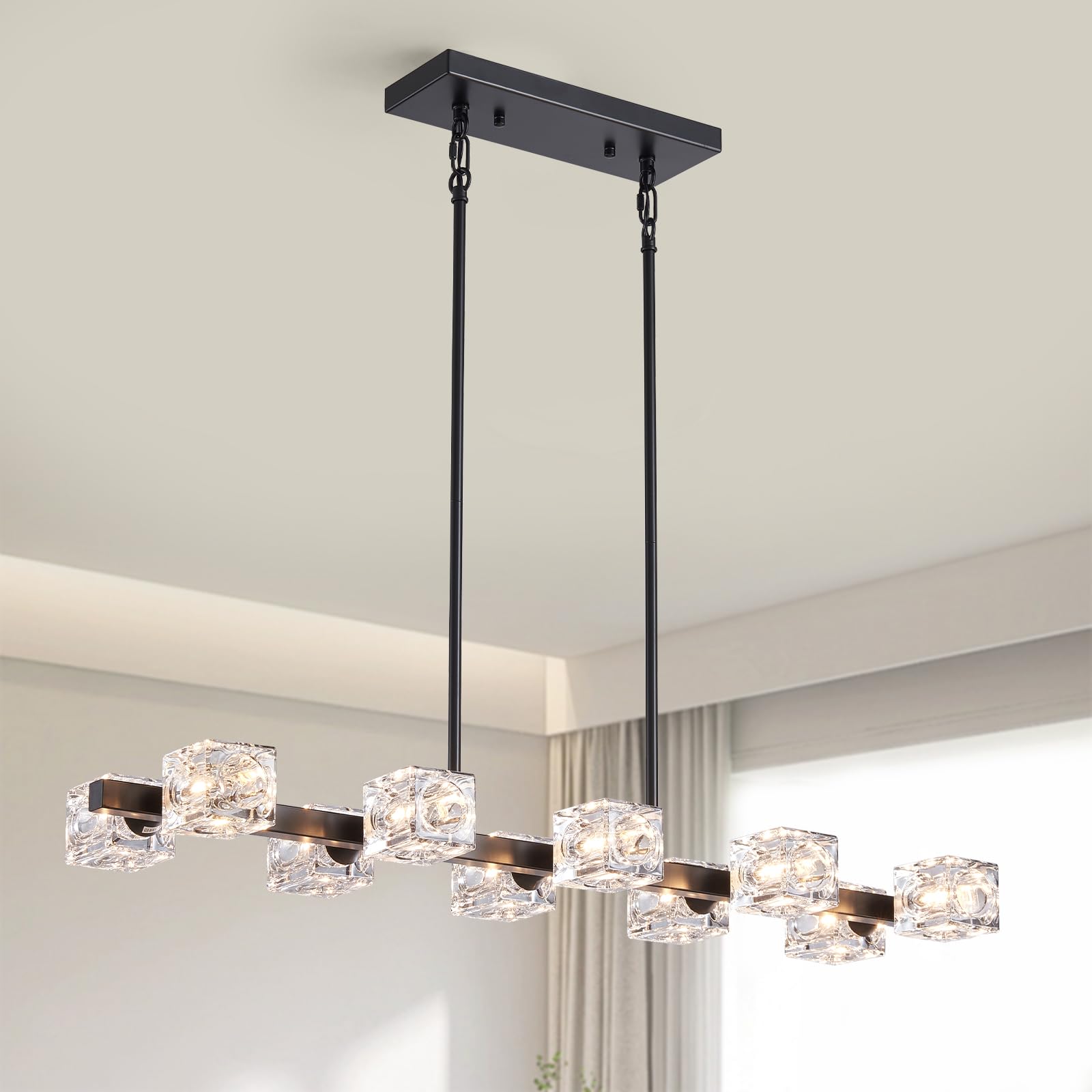 Xingqi Kitchen Island Light Fixture Black Large Rectangular Chandeliers 10 Lights For Dining Room, Modern Chandelier With Glass 