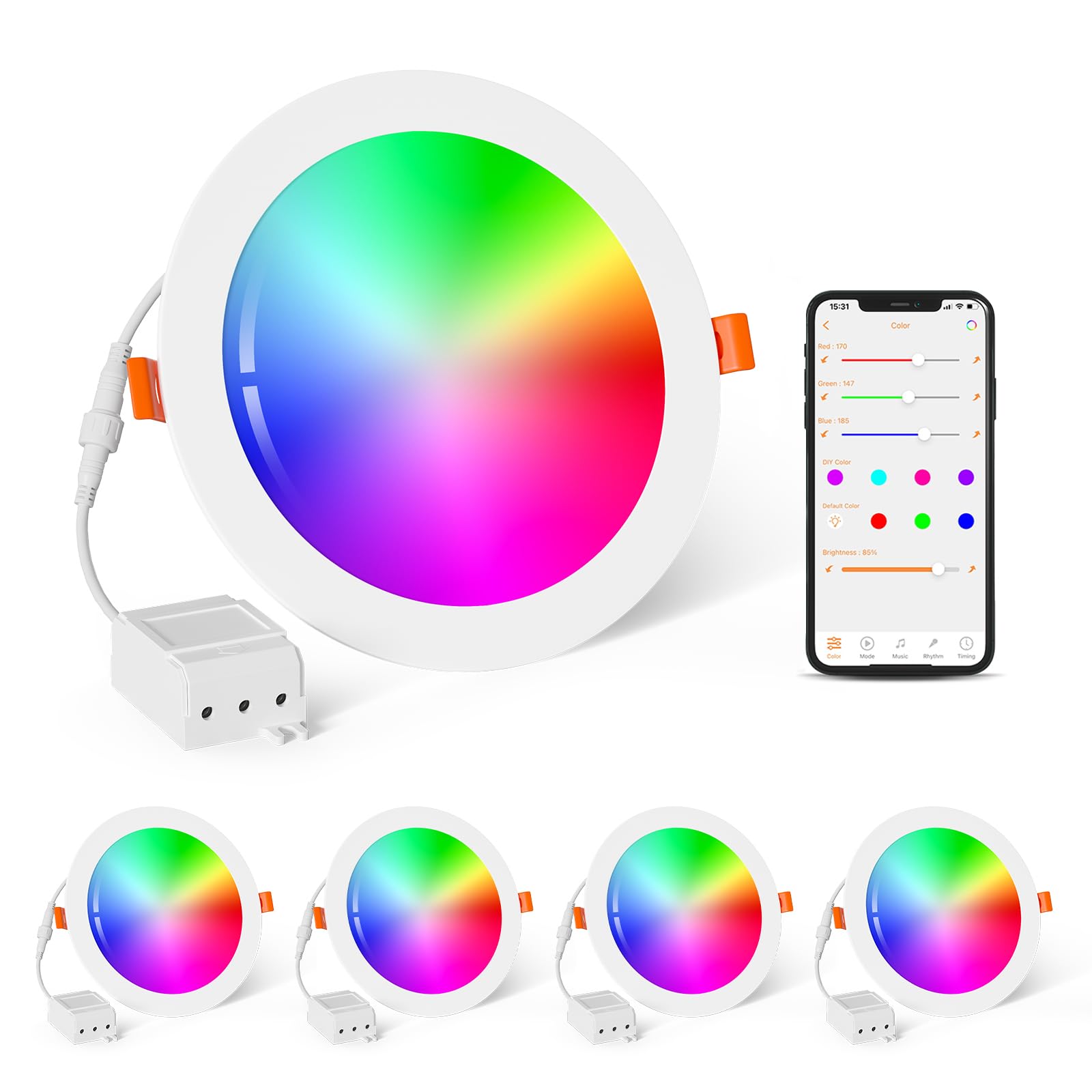 Smart Recessed Lighting 6 Inch RGBCW Color Changing 16W LED Downlights with Junction Box,1350 Lumen Canless Wafer Recessed Ceili