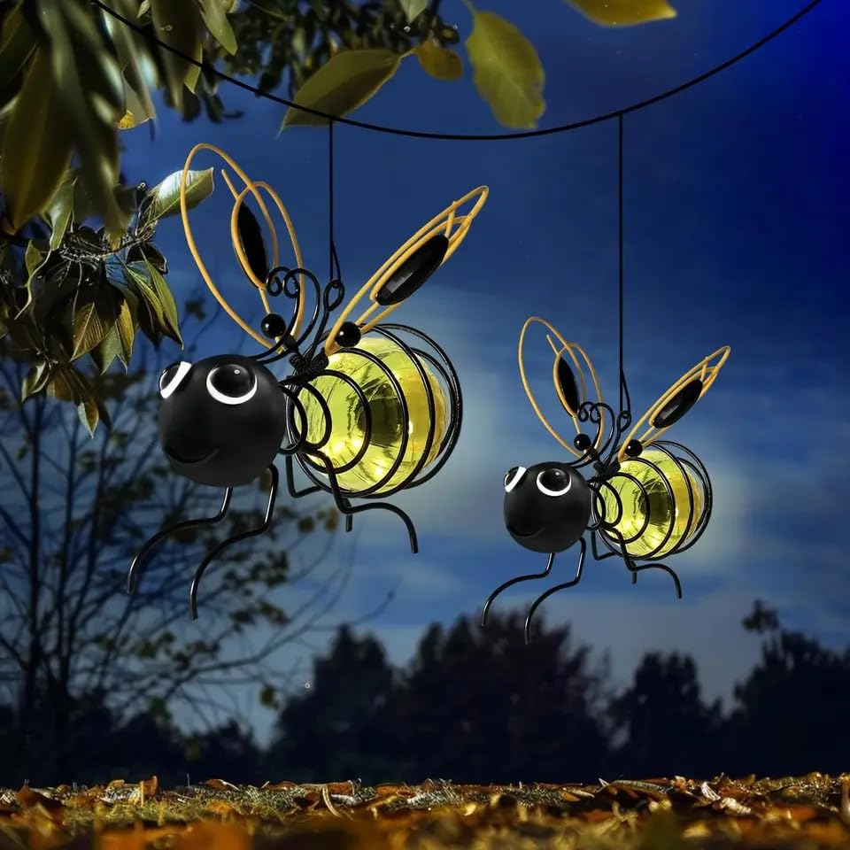 Generic Outdoor Hanging Solar Bee Light, Waterproof, Yellow 2pcs, Metal