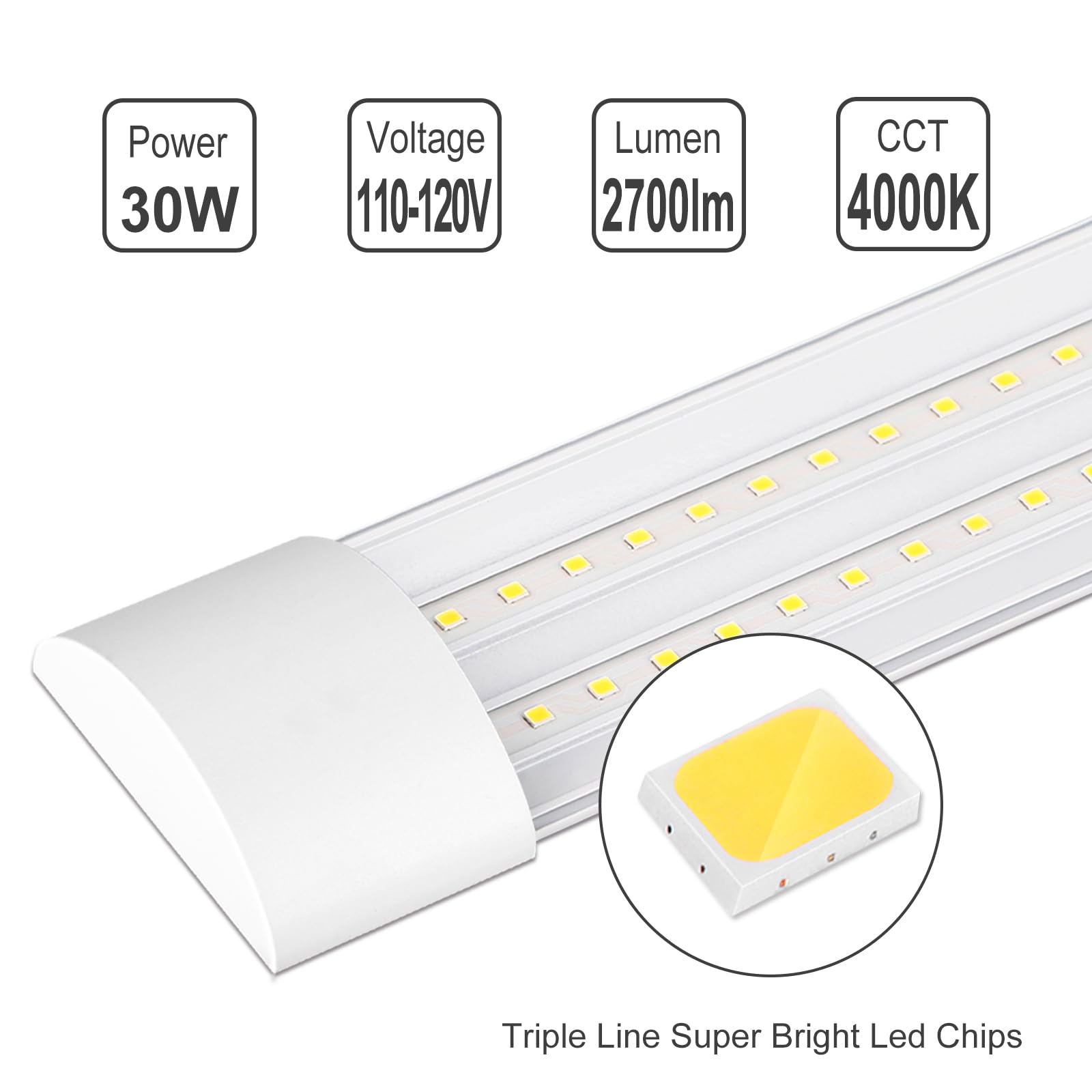 KILIPOL 3FT LED Batten Light, 30W 4000K Neutral White, Ceiling Mounted, 2 Pack, Plastic