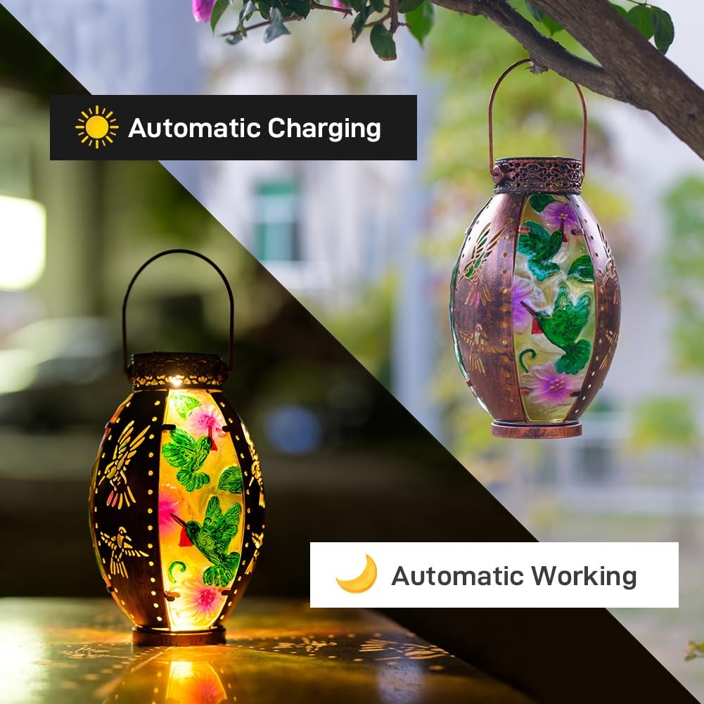 Starsoul Hummingbird Solar Lantern - Waterproof Stained Glass & Metal Outdoor Decorative Lights for Patio, Garden, and Pathway