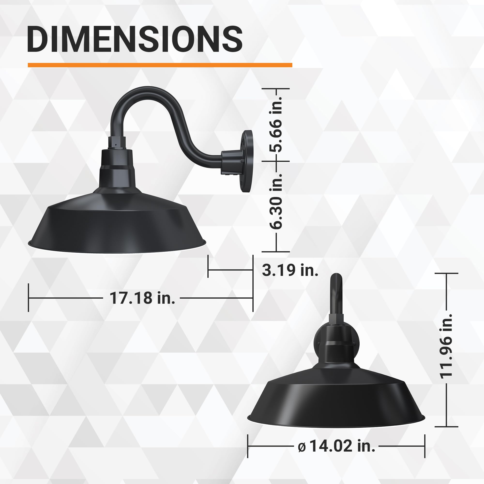 HTM LIGHTING SOLUTIONS 14in. Gooseneck Barn Light Fixture - Satin Black, Alloy Steel, UL Listed, Model SBL14-BK-SGN10-BK-9WA