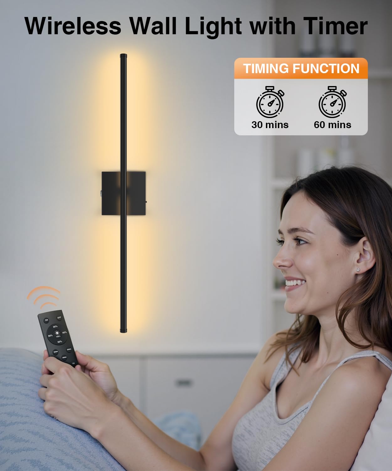 Abovizo Wall Sconces Set of 2, Battery Operated, 3 Color Dimmable, 15000mAh, Remote Control, Black, Model AB55/3A
