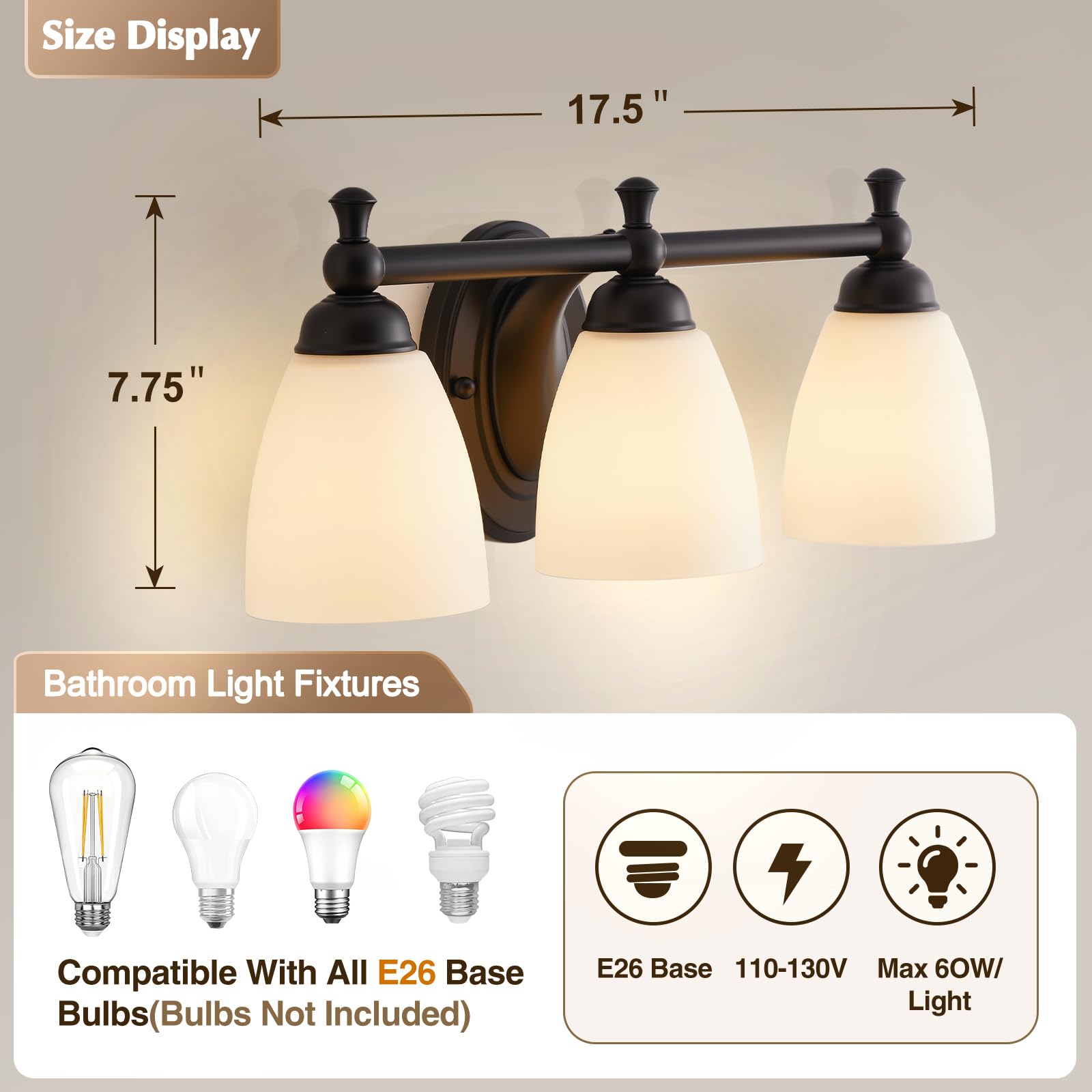 EJIAXIN 3-Light Modern Vanity Light Fixture, Black Metal Bathroom Wall Sconce, Model 147