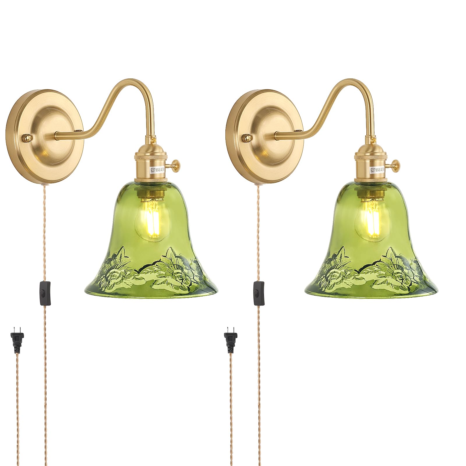 Shenmoyl Wall Sconce Set of 2, Vintage Brass Indoor Lamp, Green Morning Glory Glass Shade, 2 Light Plug in, Model 1-93727-wlamp