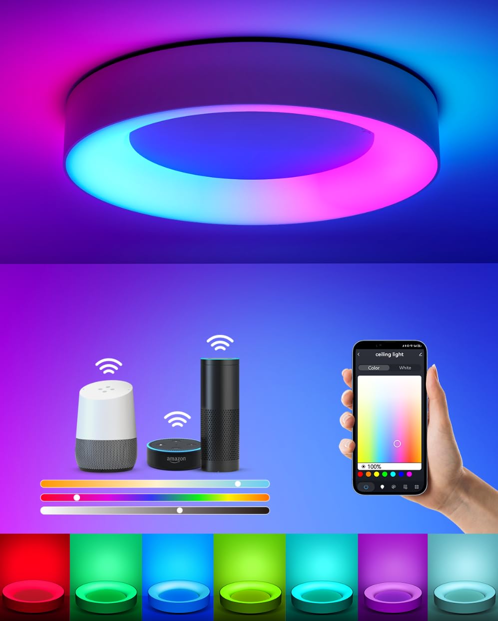 Annaror Smart Ceiling Light Wifi, Rgb Led Ceiling Light Fixture, 2400Lm Flush Mount Lighting Fixture, Works With Alexa Google, 3
