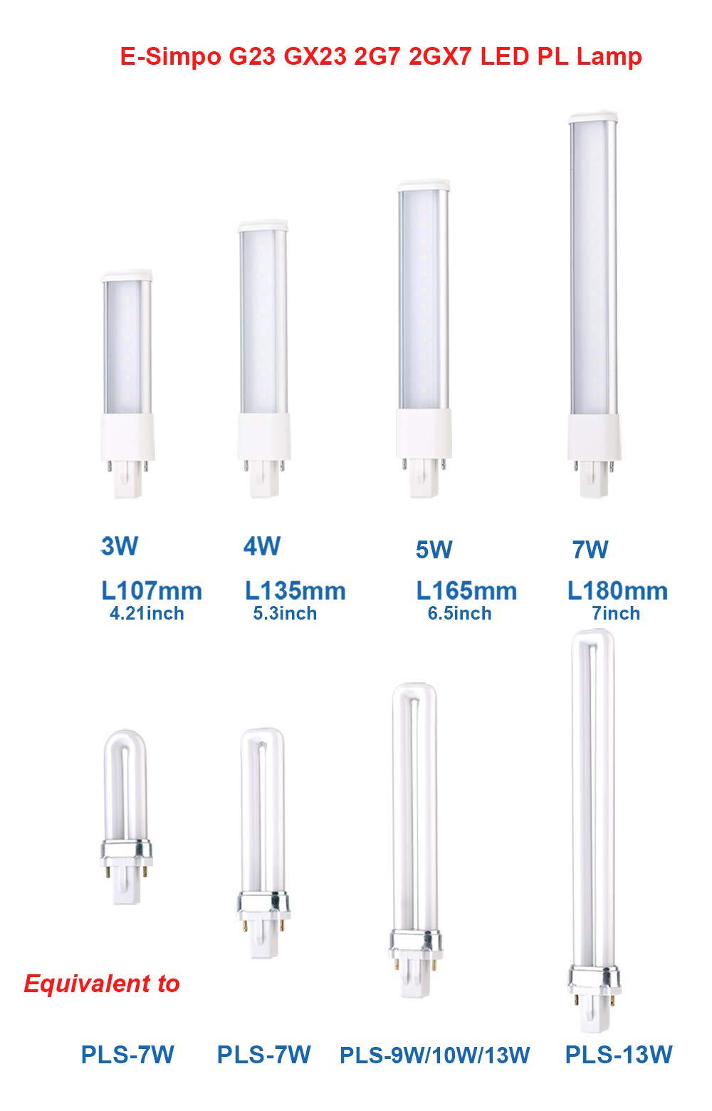 E-Simpo 2Pcs G23 7W Led Bulb Cold White 6000K Pls-13W Replacement For
