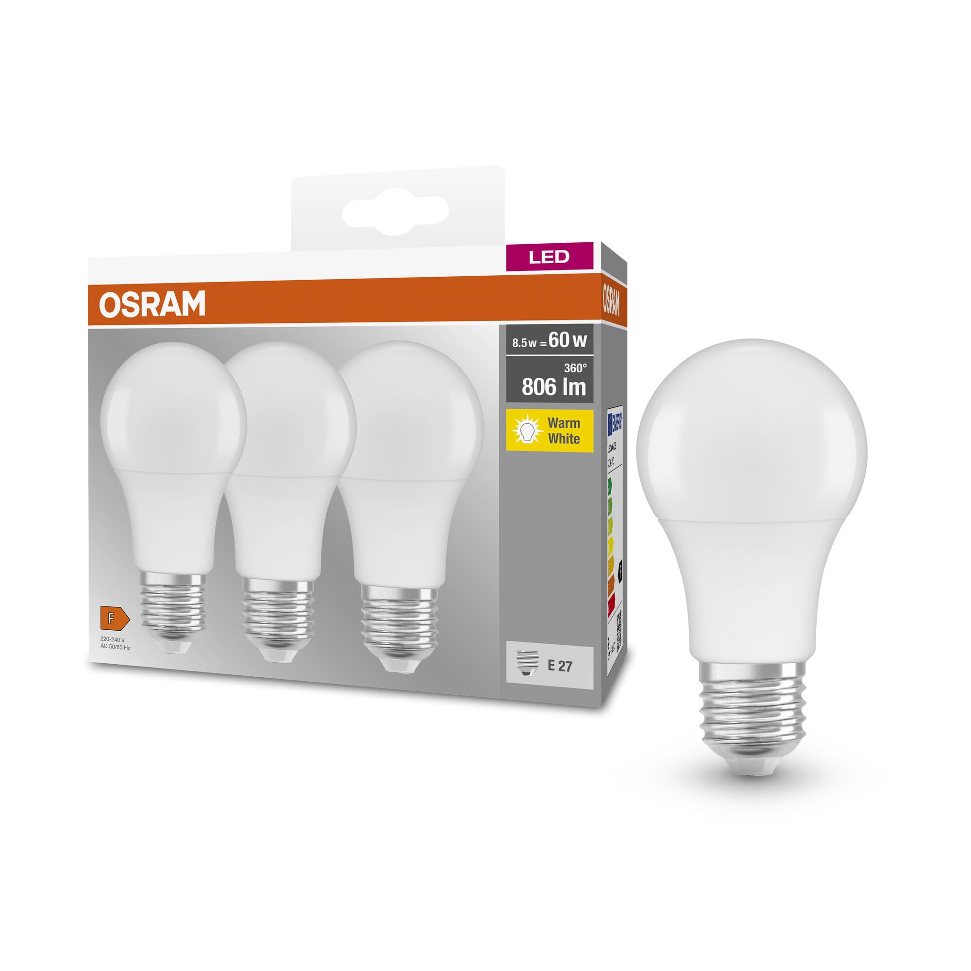 OSRAM Base Classic A 60 FR LED Bulb with E27 Socket, Bulb, Pack of 3, 8.5 W, 806 lm, 2700 K, Warm White Light, Lower Heat Genera
