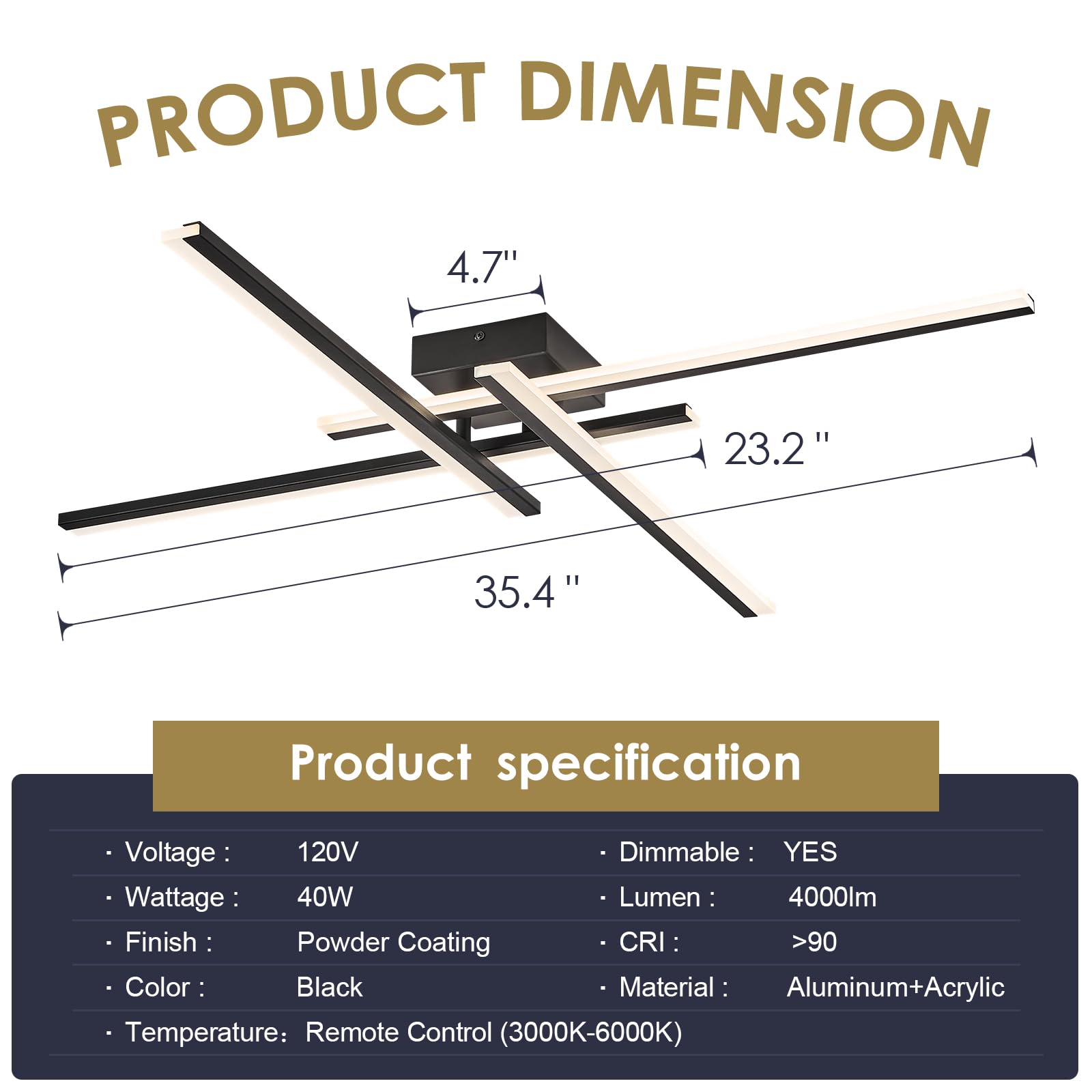 Airyphant Modern Led Chandelier 4-Lights Semi-Flush Mount Ceiling Lighting Fixture 35.4  Dimmable Remote Control Ceiling Light For Living Room Bedroom Kitchen Foyer 40W