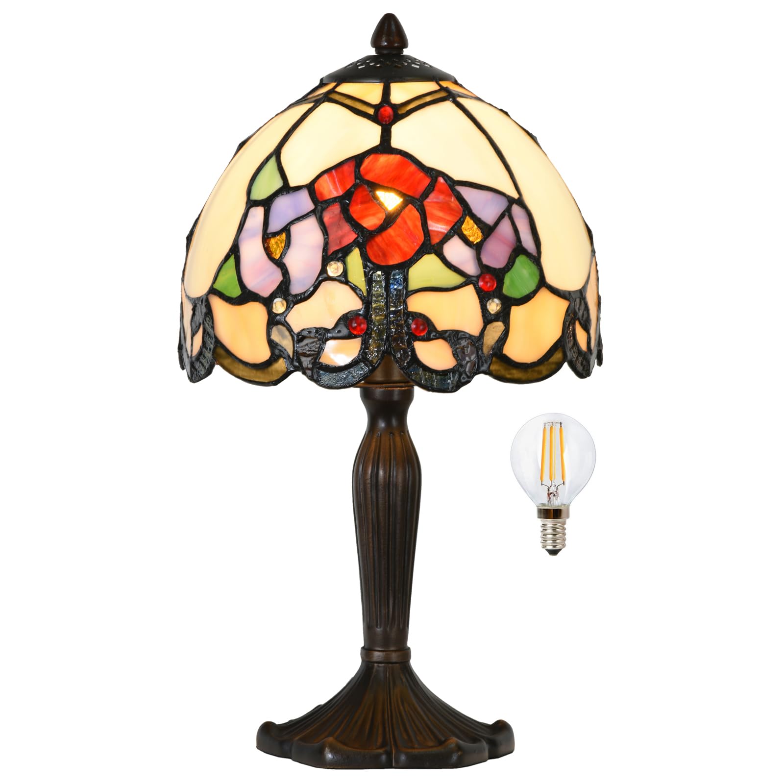 HomeBeauty TL0010 Tiffany Lamp Rose Flowers Design Stained Glass Table Lamp 8 D x 14.25 H for Living Room Bedroom Bedside Nightstand Home Office  LED Buld Included (Rose Flower)