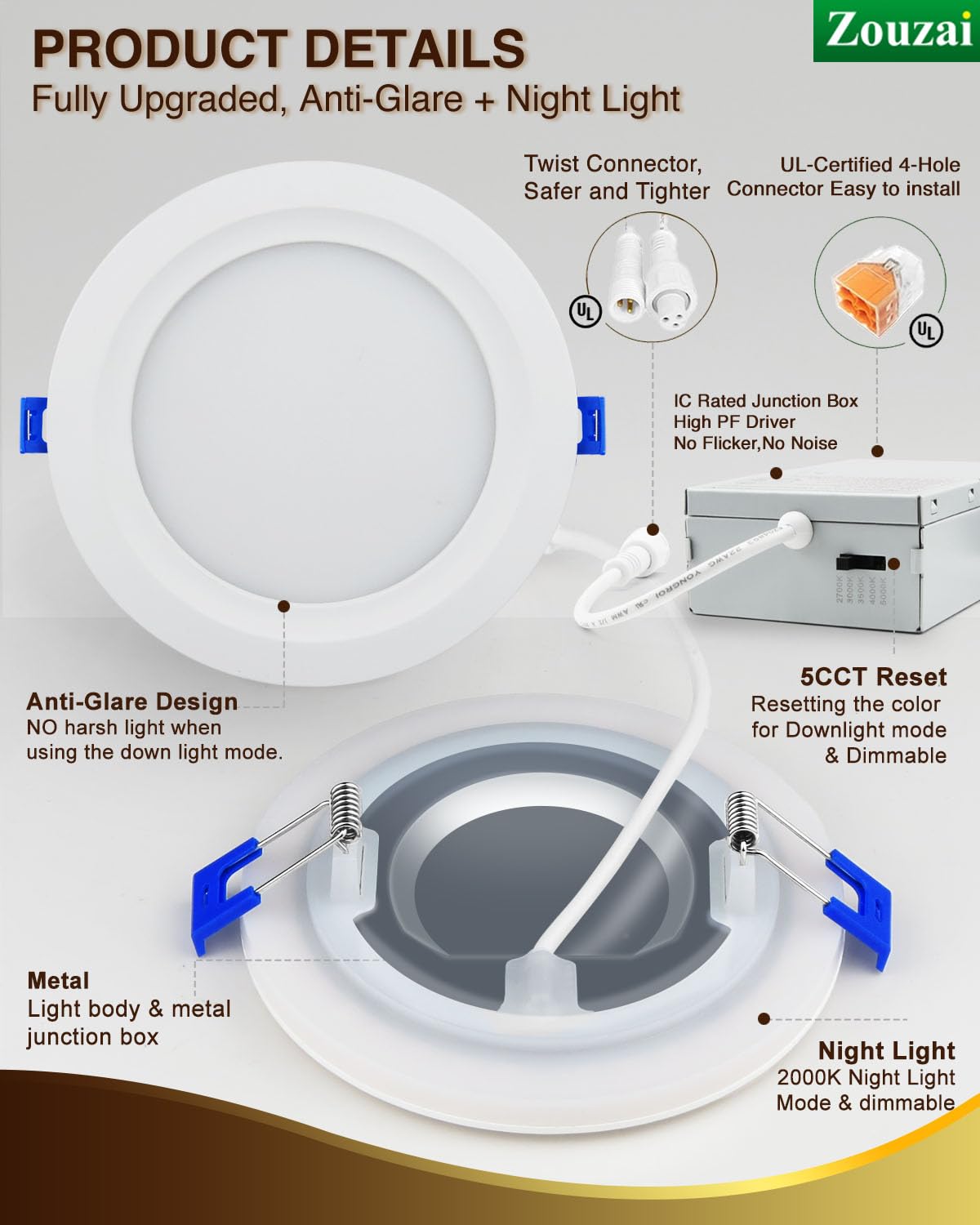 Zouzai 12 Pack 4 Inch 5Cct Led Recessed Ceiling Light With Night Light, 2700K/3000K/3500K/4000K/5000K Selectable Ultra-Thin Ligh