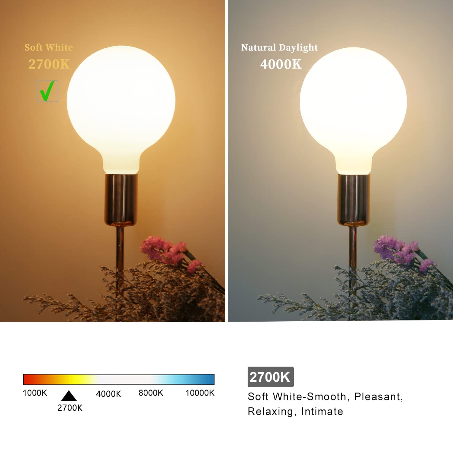 2 Pack G40(G125) Globe Led Light Bulbs, 5.5W Dimmable 50 Watt Equivalent Edison Bulbs, Warm White 2700K, 600Lm, E26 Base, Milky