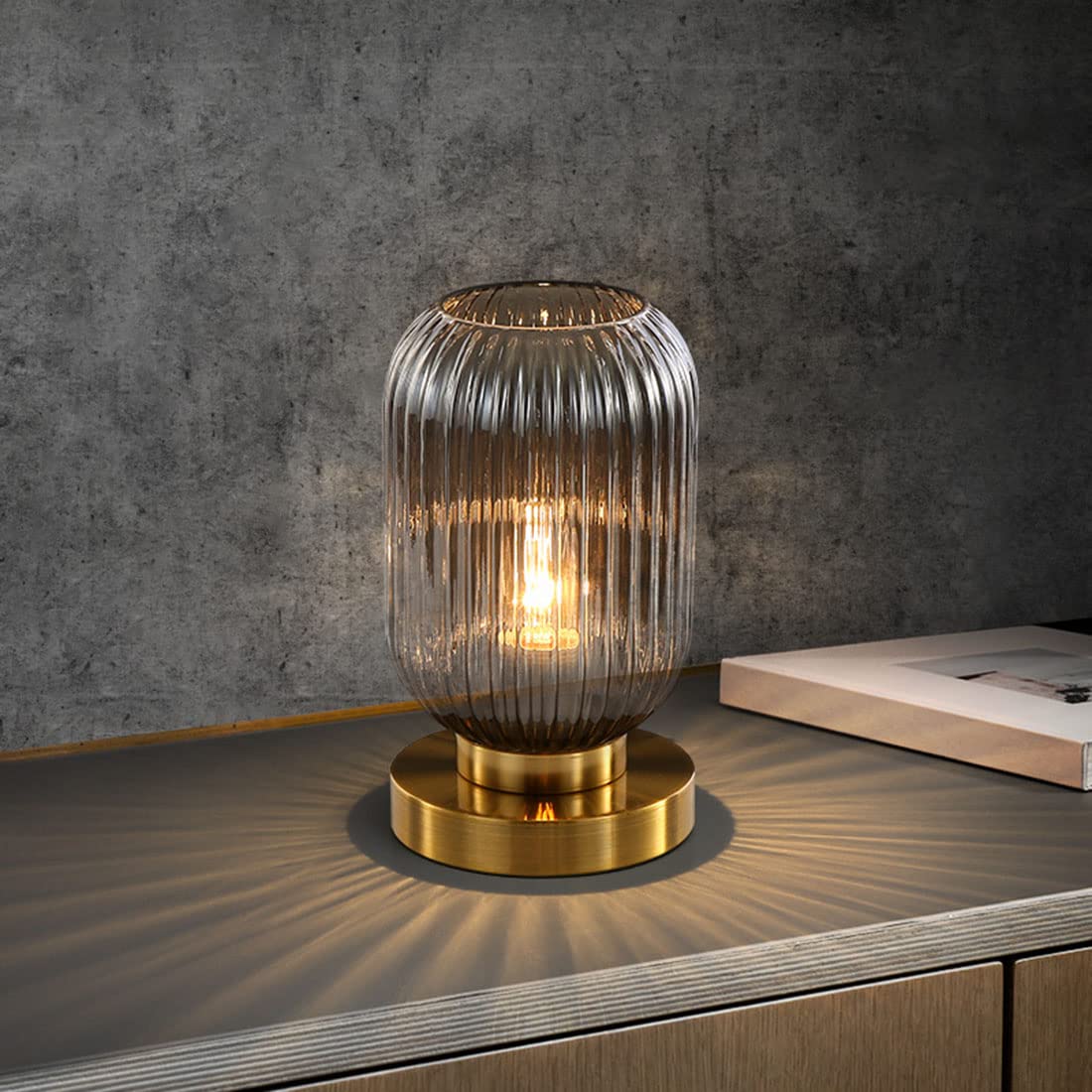 Auwieou Bedside Table Lamp Mid Century Glass Table Lamps Modern Globe Table Lamp Gold Desk Lamp Nightstand Lamp With Pumpkin Design With Ribbed Glass Shade For Bedroom Living Room Office (Smoke Gray)