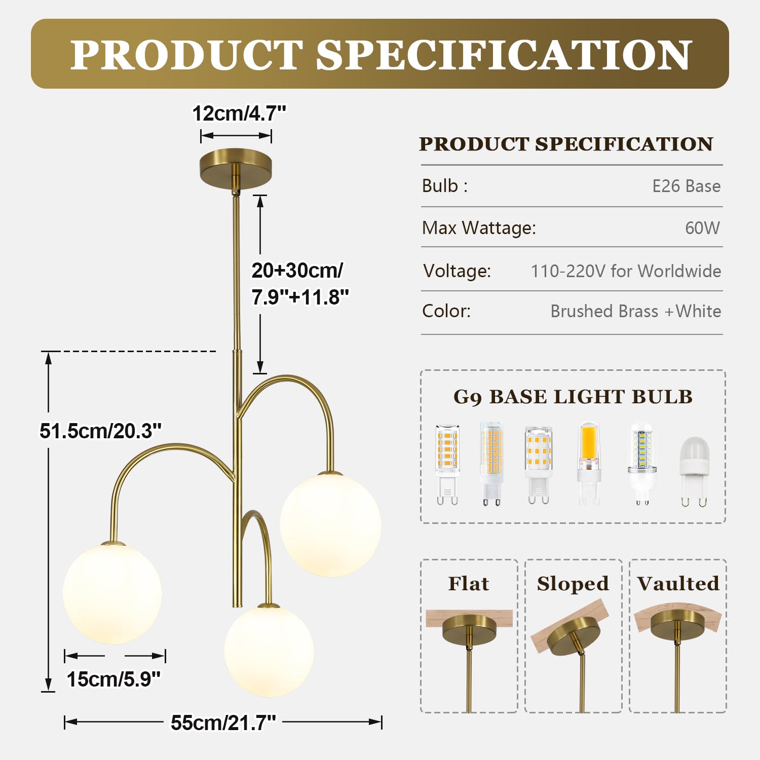Flyrose Mid Century Modern 3-Light Milk Glass Globe Chandelier Brass Gold Pendant Light Fixture Industrial Iron Ceiling Light Fi