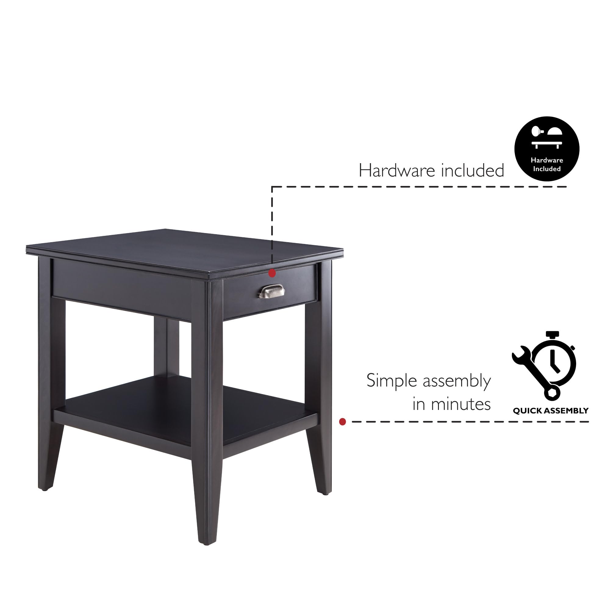 Leick Home Laurent End Table, Solid Wood, 1 Drawer, Bottom Display Shelf, Easy Assembly, For Bedroom/Living Room, Black, 24.0 In