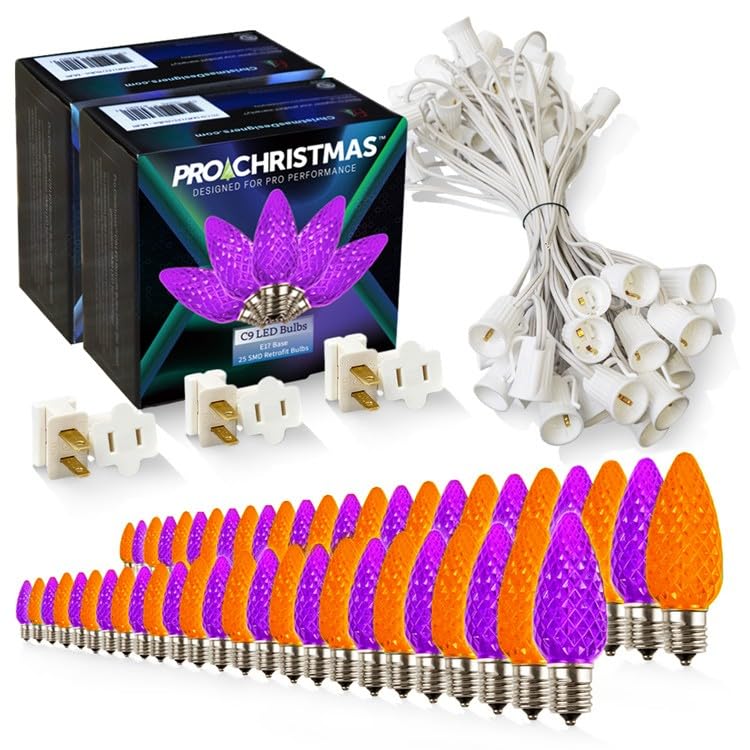 Pro Christmas C9 LED Christmas Light Kit for Rooflines & Pathways - DIY Cut to Length  Outdoor Commercial Grade(White Wire w/Vampire Plugs  50 Bulbs  50 ft) Purple and Amber