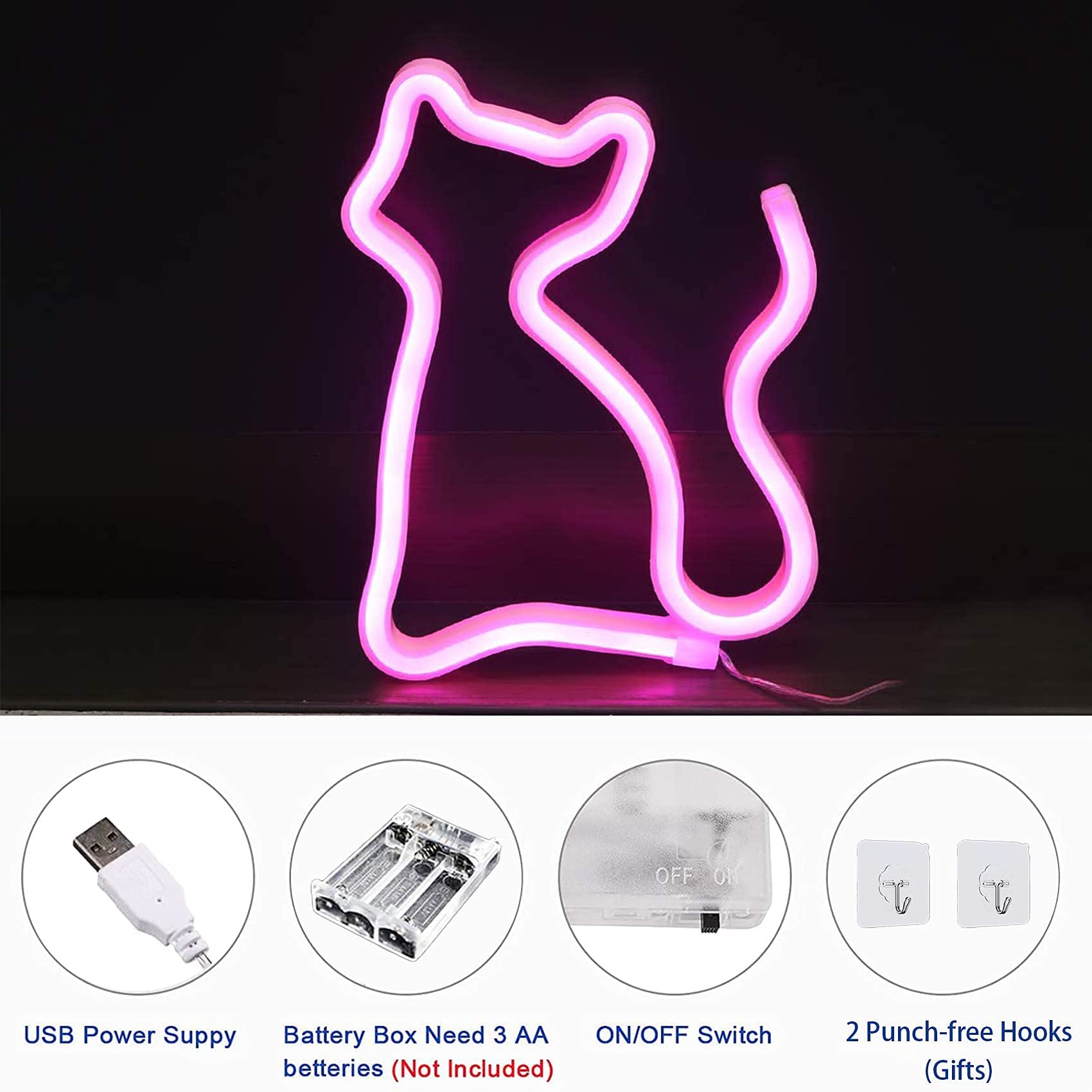 Werfeito Neon Sign, LED Cat and Moon Lights, USB/Battery Operated, Wall Decor, Model ML-NHD-FT-02, Color: Cat Moon