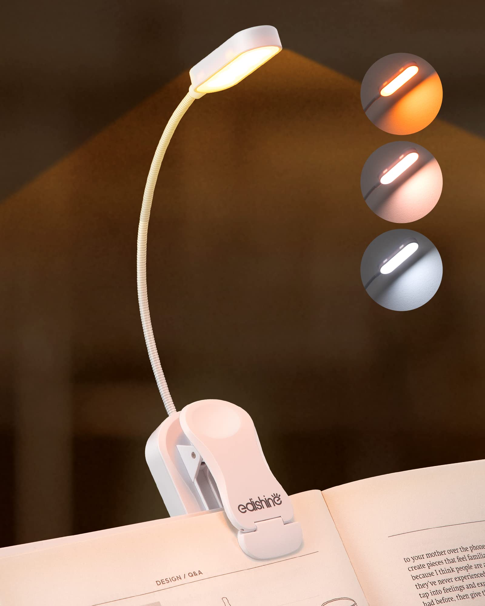 EDISHINE USB Rechargeable Clip On Book Light, 3 Color Modes, Dimmable, Eye Care LED Lamp, Model HBRL11A1, White