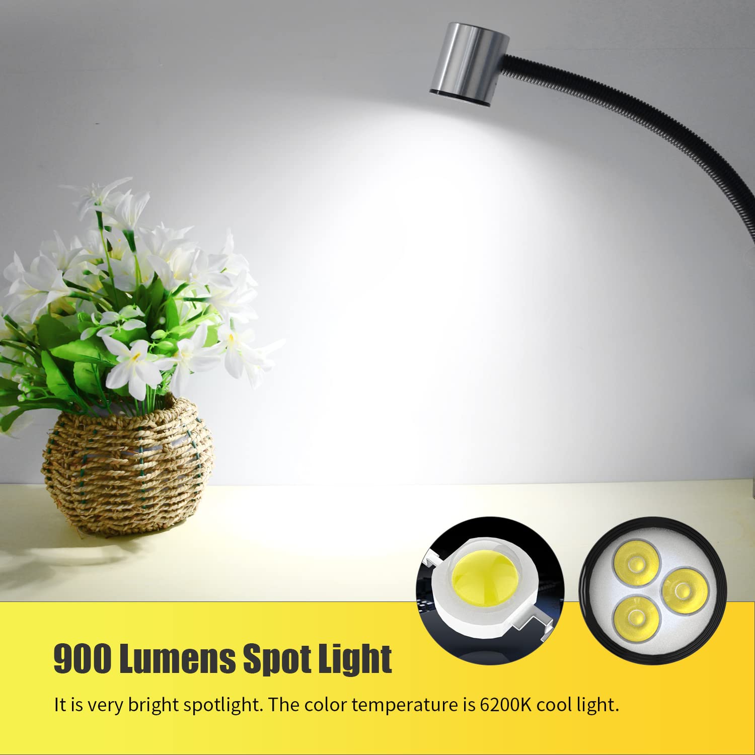 Led Machine Work Light, Ip65 Water Proof Flexible Gooseneck Lamp 900 Lumens 120 Volt For Lathe Milling Drill Press Industrial Li