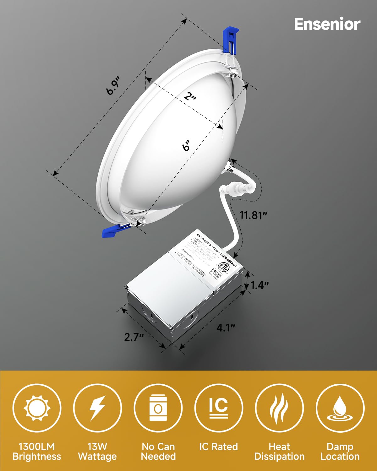 Ensenior 6 Inch LED Eyeball Recessed Lighting, 2700K-5000K, Dimmable, 1300LM, 4 Pack, White, Model