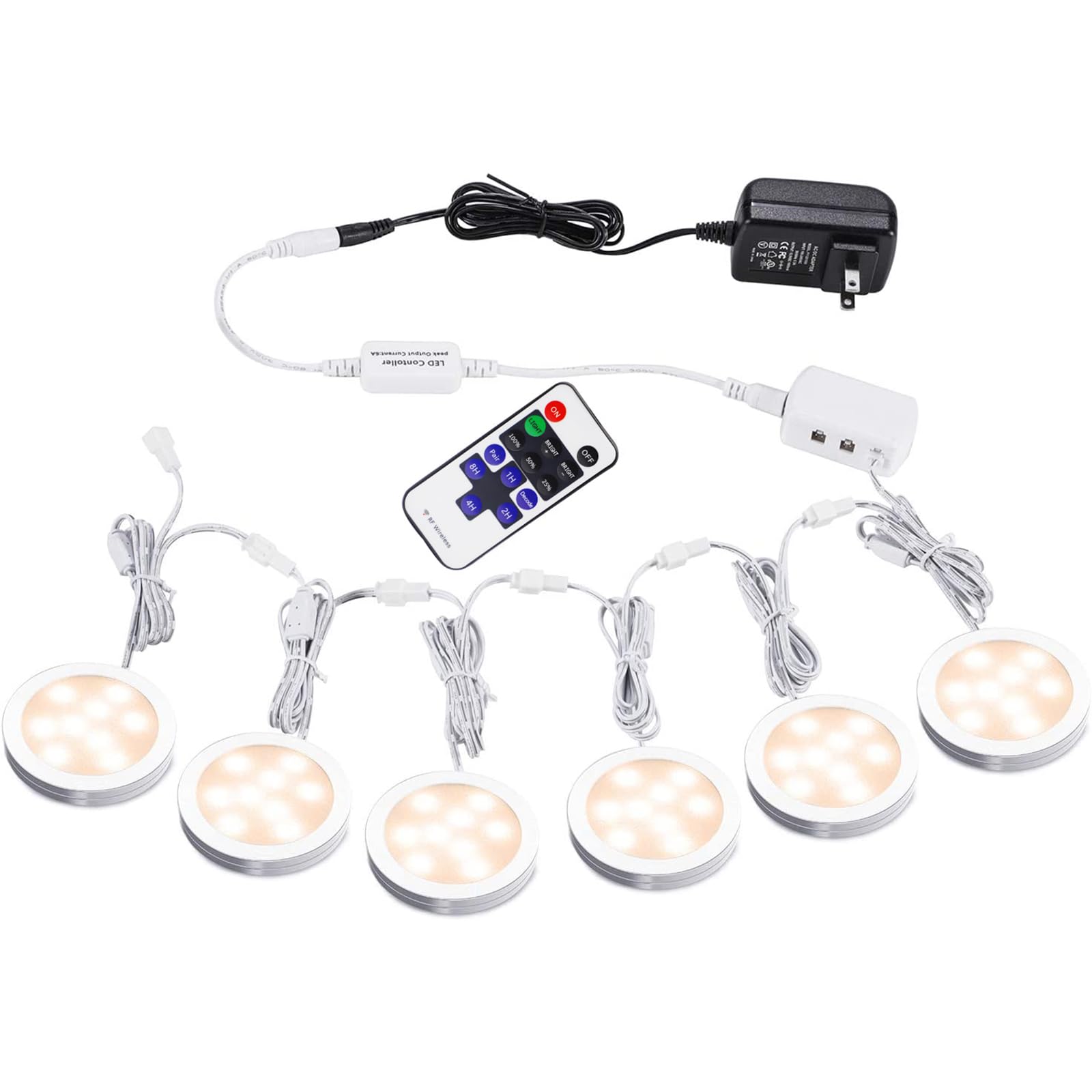 AIBOO LED Under Cabinet Lighting Kit, Dimmable Puck Lights, 12V, 6 Lights, Warm White, Aluminum, Model YK-300000197
