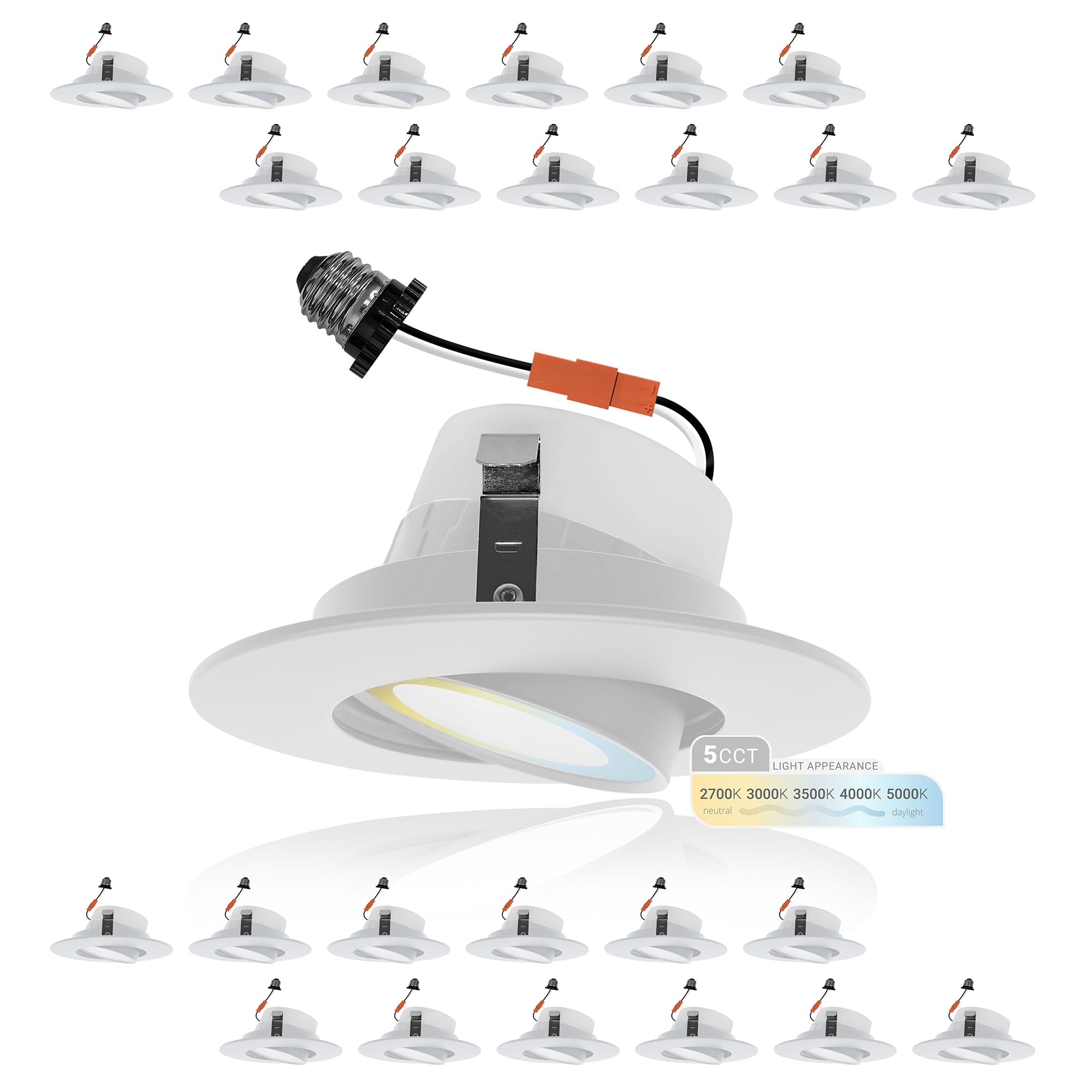 Nuwatt 24 Pack Retrofit 4 Inch Gimbal Led Recessed Light White Trim, High Lumen, 750Lm, 10W, 5Cct 2700K/3000K/3500K/4000K/5000K Selectable, Dimmable, Adjustable Lens Eyeball Downlight, Etl Listed
