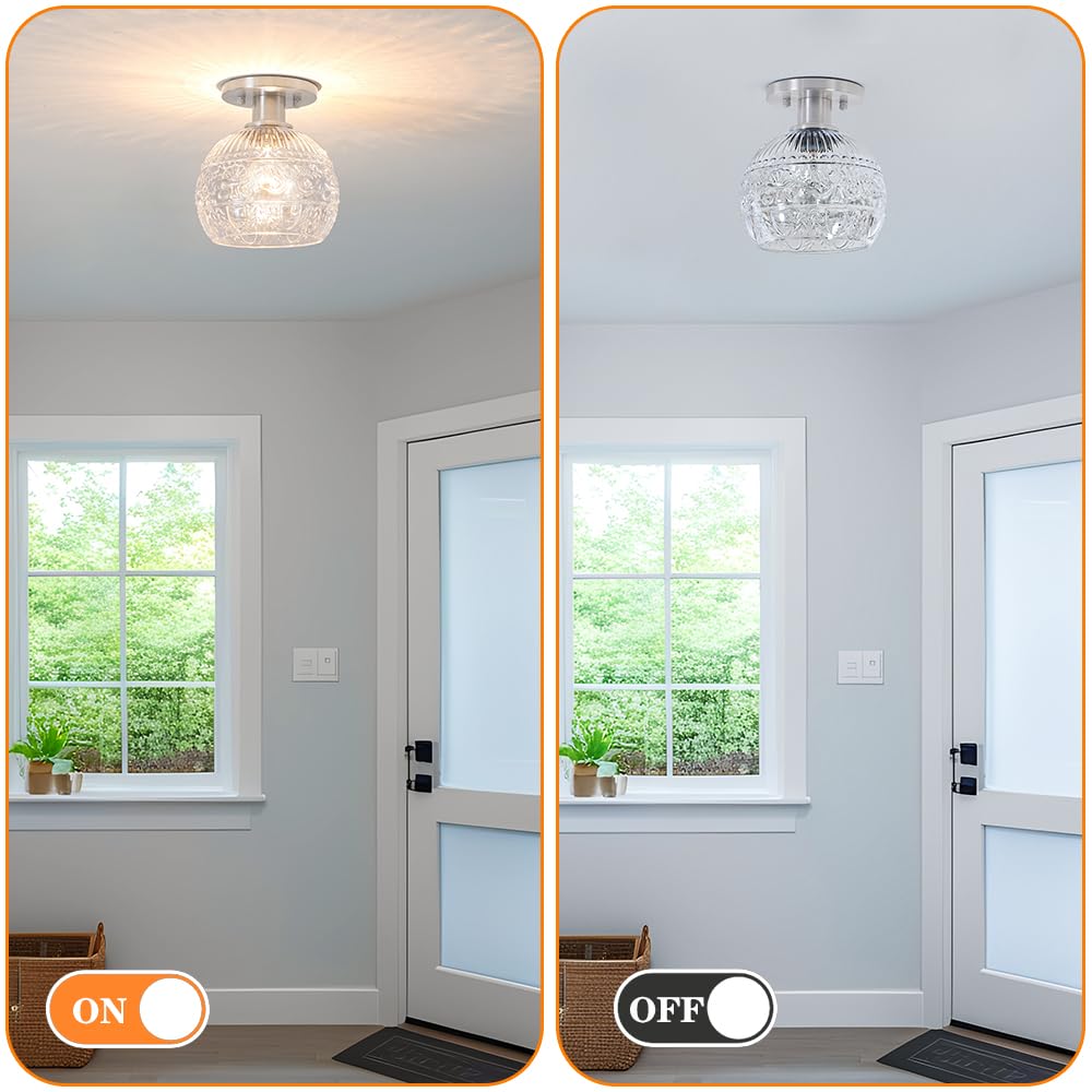 DSMJFU 7.09in Brushed Nickel Semi Flush Mount Ceiling Light - Vintage Globe Design for Hallway, Porch, Bedroom - Model DX23083G1-CL