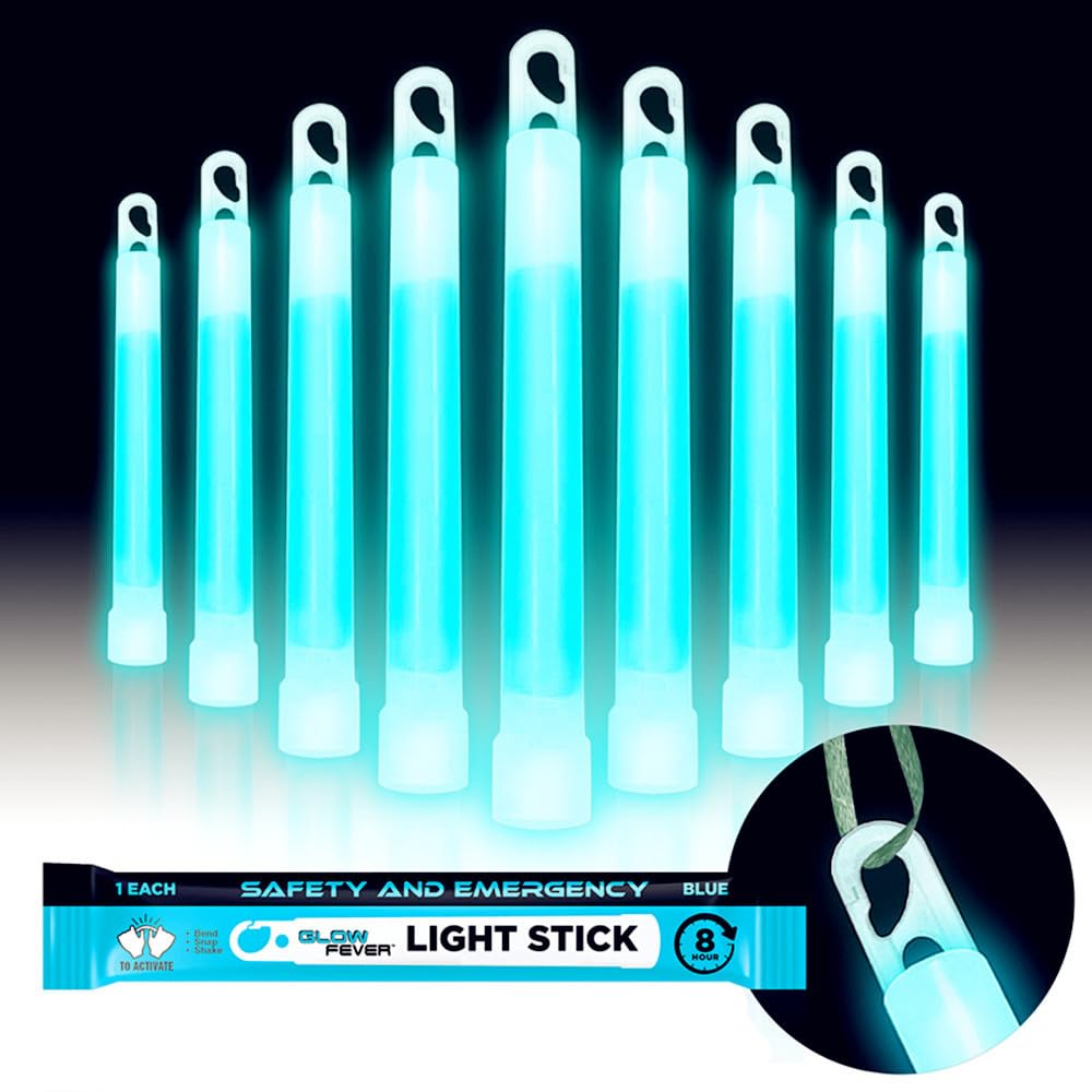 Glow Fever Emergency Safety Military Grade Glowsticks; 10PCS, 6&quot; Ultra Bright Glow Sticks with 8 Hours Duration. Great for Hiking, Party, Camping, Blackouts, Hurricane and Survival Kits (Blue)
