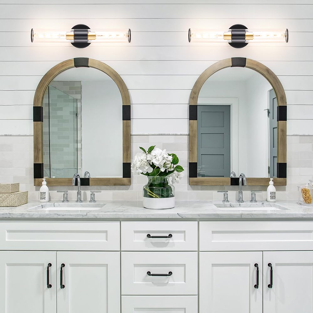 Black And Gold Bathroom Wall Sconces, Hardwired Sconce Wall Decor Set Of 2, Modern Wall Sconce With Clear Glass, Bathroom Sconce