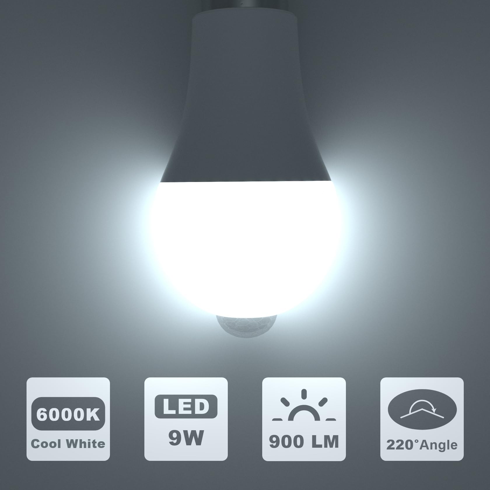 ORALUCE Motion Sensor Light Bulbs, A19 E26 9W, 60W Equivalent, Cool White, 2 Pack, Indoor/Outdoor, Aluminum, Model A60-9W
