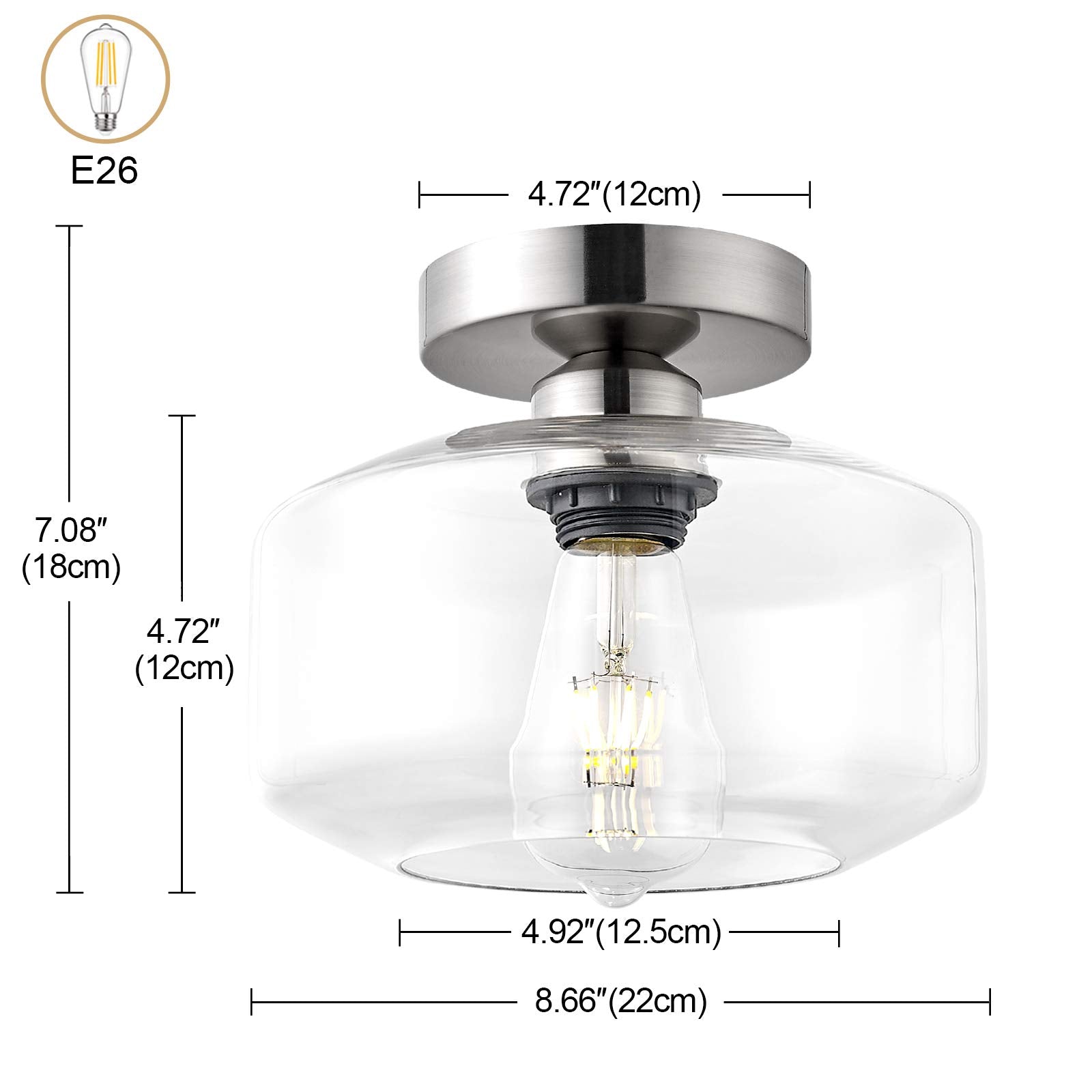 Tehenoo Semi Flush Mount Ceiling Light,Clear Glass Shade, E26 Socket,Brushed Nickel Ceiling Light Fixtures For Hallway,Entryway,