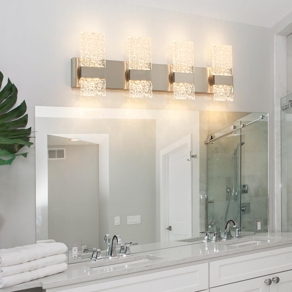 Modern Brushed Nickel 8-Lights Bathroom Vanity Light  Eleglant Nickel Led Bathroom Light Fixtures Over Mirror  Dimmable Acrylic Shade Wall Lighting Fixtures  Hardwired Wall Light(H9.25In  L28.35In)