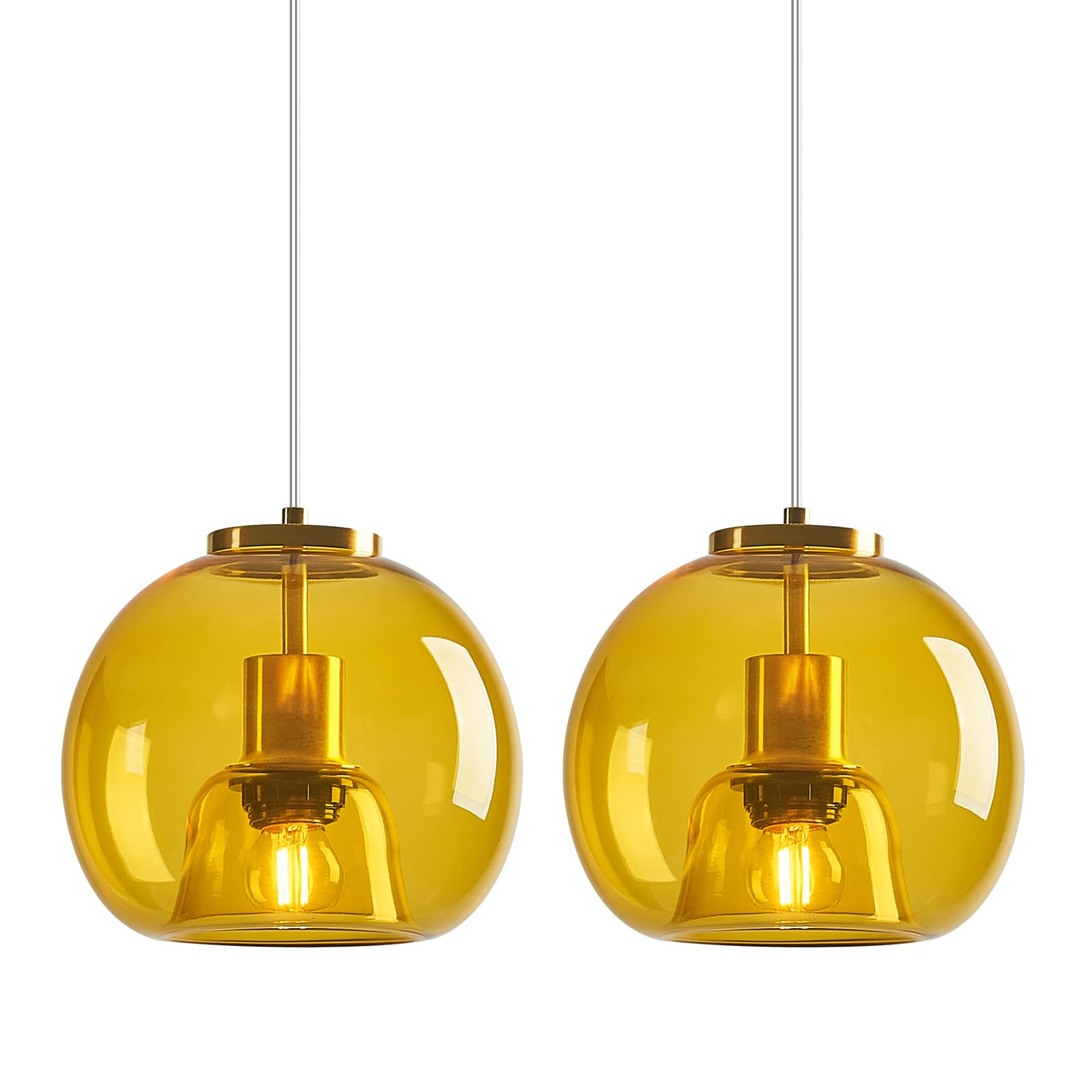 Lbsqj Yellow Glass Pendant Lights Kitchen Island Gold Hanging Light Fixture Glass Globe Pendant Light Modern Pendant Lighting For Kitchen Island Bedroom Dining Room (7.87  2 Pack)