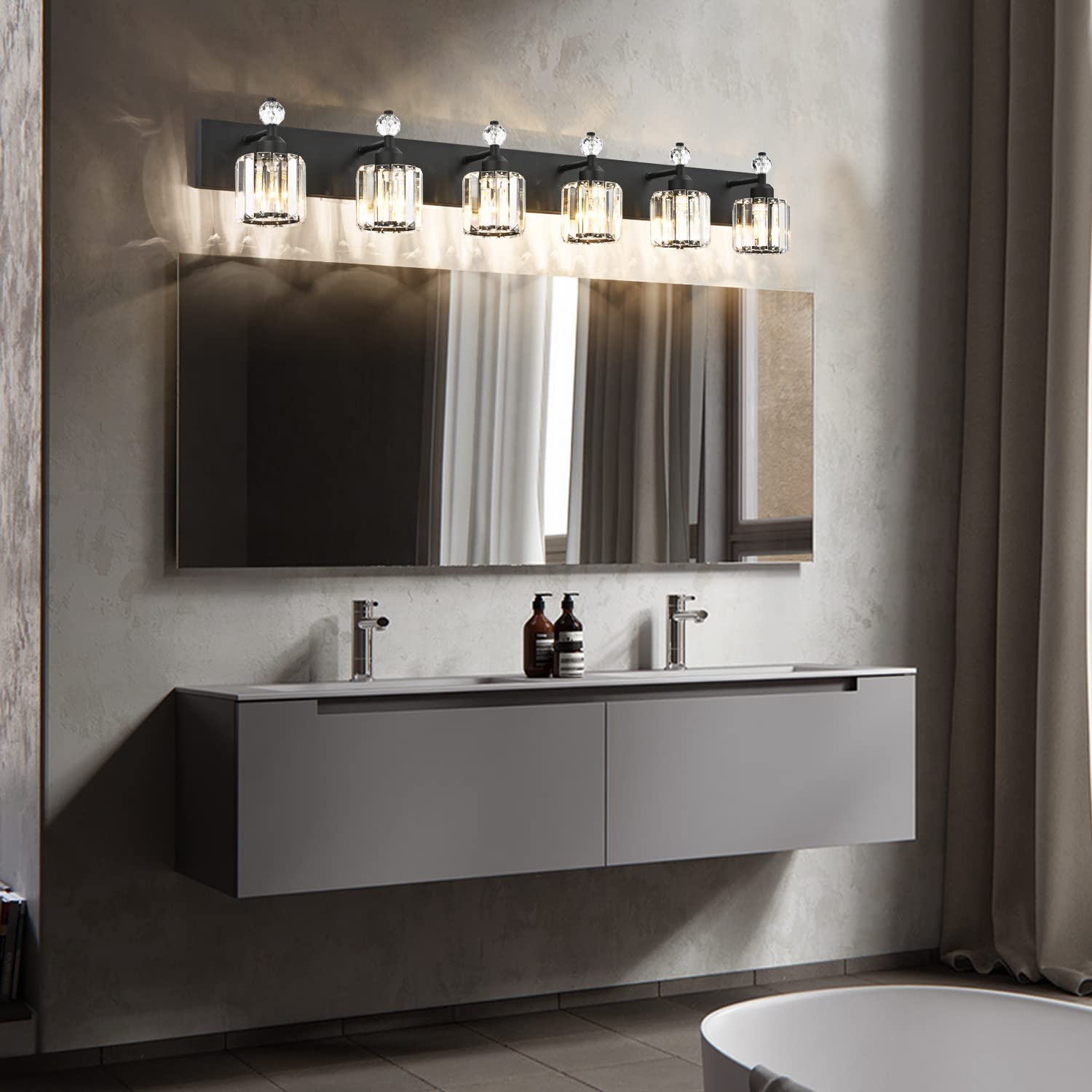 PRESDE Vanity Light Fixtures, 6-Light Modern Crystal, Matte Black Metal, Bathroom Wall Light Over Mirror