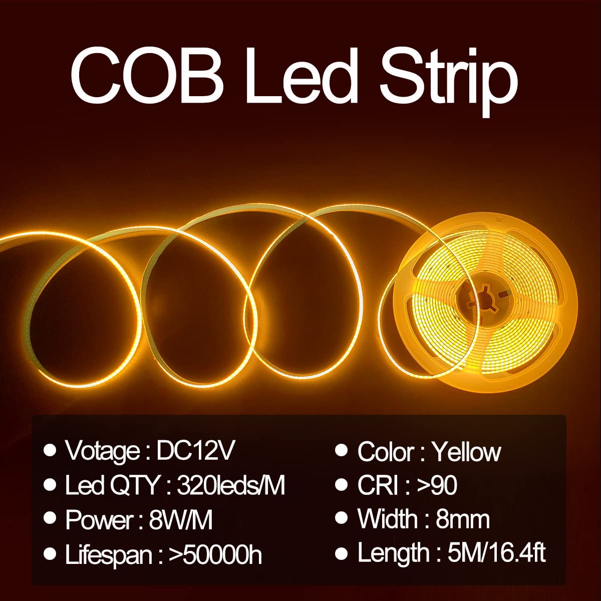 Hamrvl Cob Led Strip Lights,Dc12V 16.4Ft/5M 320Leds/M Cri90 Bright Flexible Led Tape 8Mm, For Indoor Home Cabinet,Bedroom,Kitchen,Stage,Backlight Diy Lighting(Without Power Supply) (Yellow)
