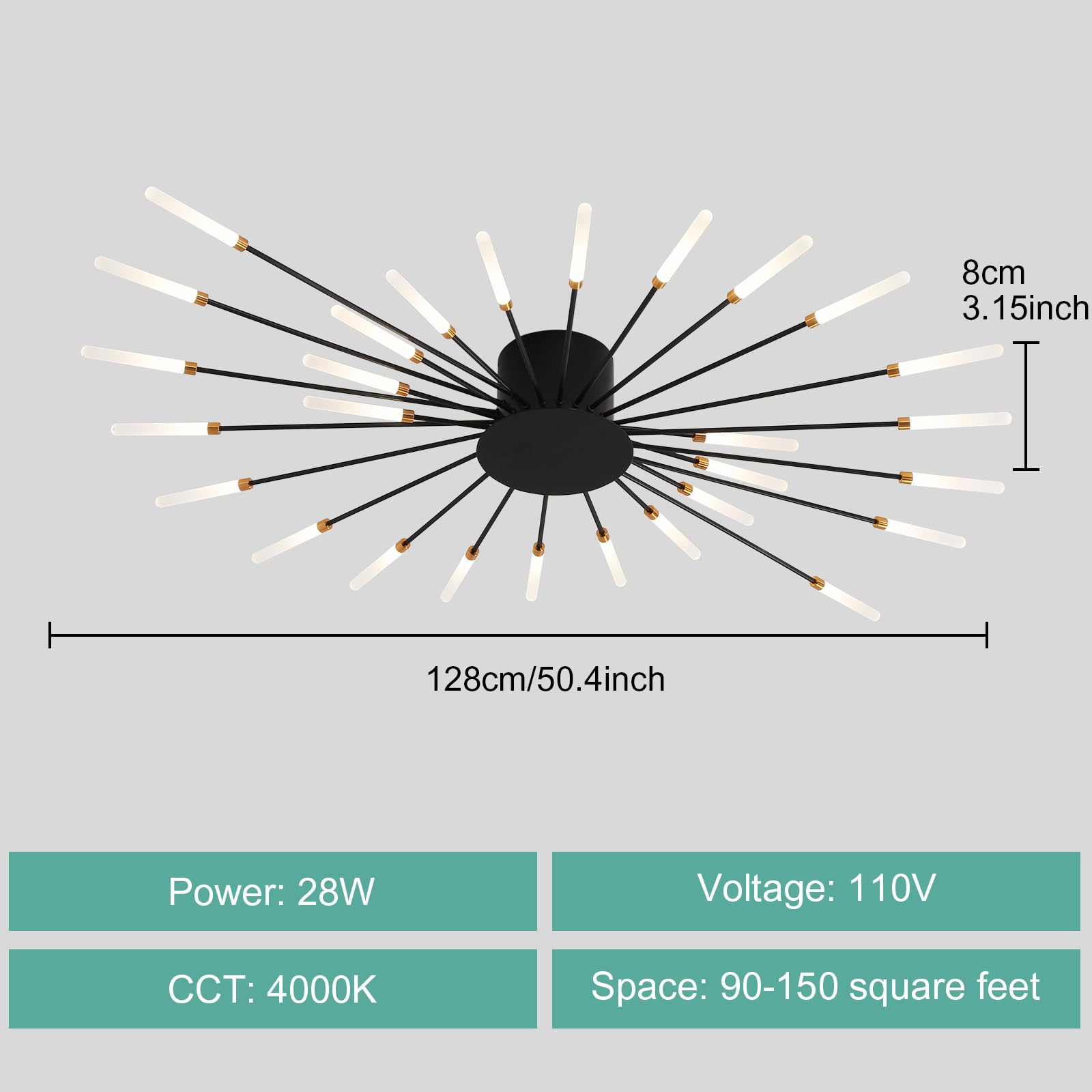 Ziidoo Modern Ceiling Light Fixtures  28 Lights Metal Firework Designed Chic Led Lighting For Farmhouse Kitchen Dining Room Bedroom Hallway Living Room (Black)