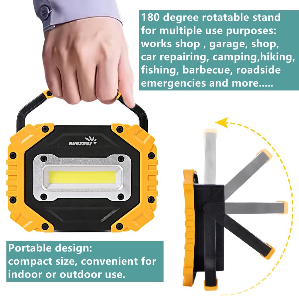 Sunzone Portable Led Work Light,Flood Lights, Job Site Lighting, Super Bright Waterproof For Outdoor Camping Hiking Car Repairing Fishing Workshop Battery Included With Emergency Sos Model