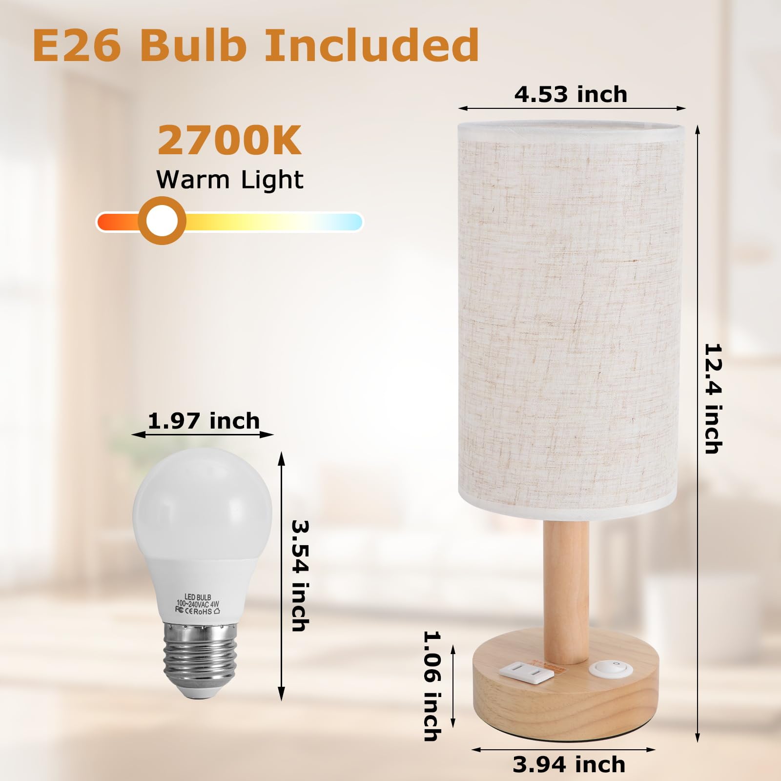 UCHENTON Small Bedside Table Lamp with AC Outlet, Linen Shade, Beige, Model TL03