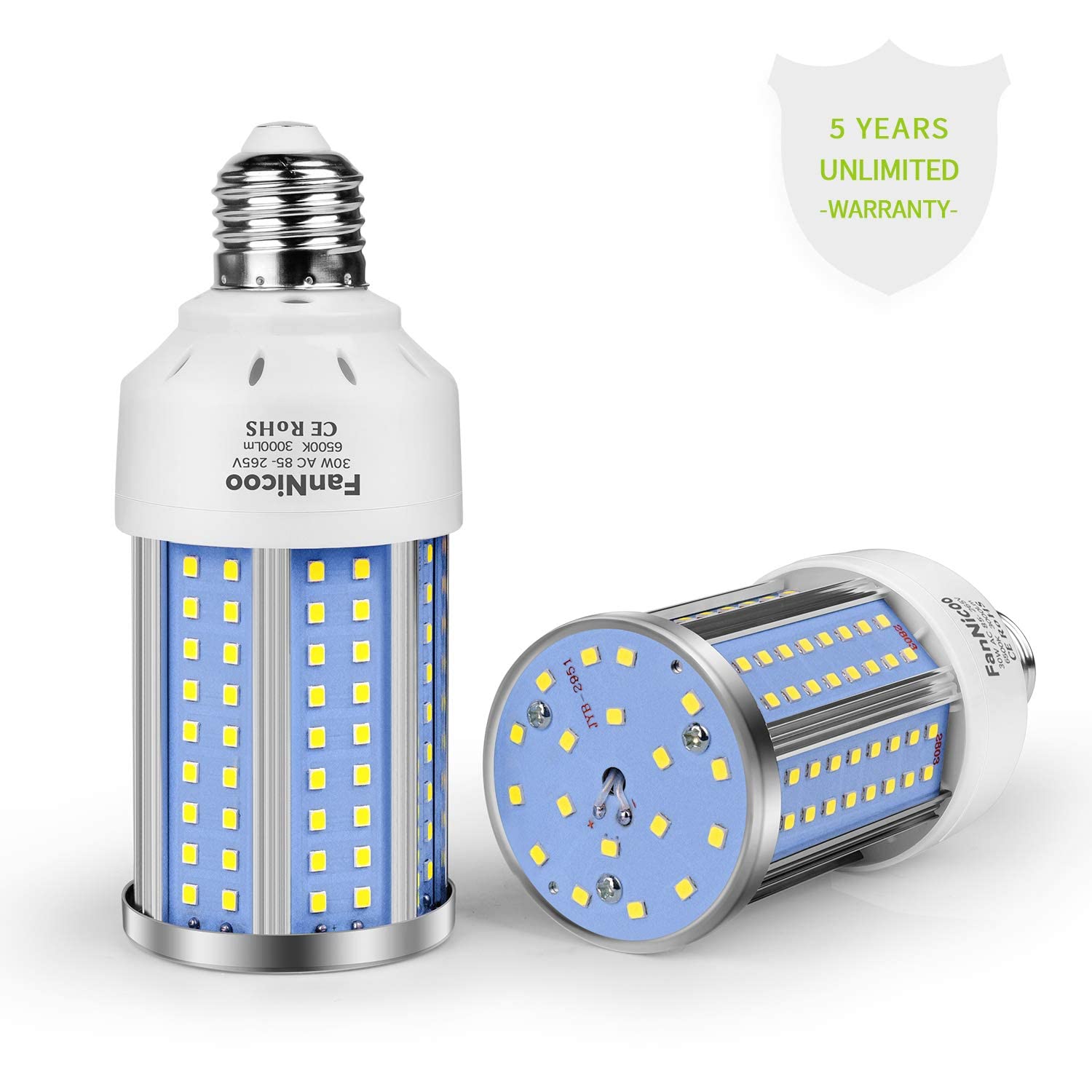 FanNicoo 2-Pack 30W LED Corn Light Bulb - 3000 Lumen, 6500K Cool White, E26/E27 Base, Ideal for Indoor/Outdoor Use