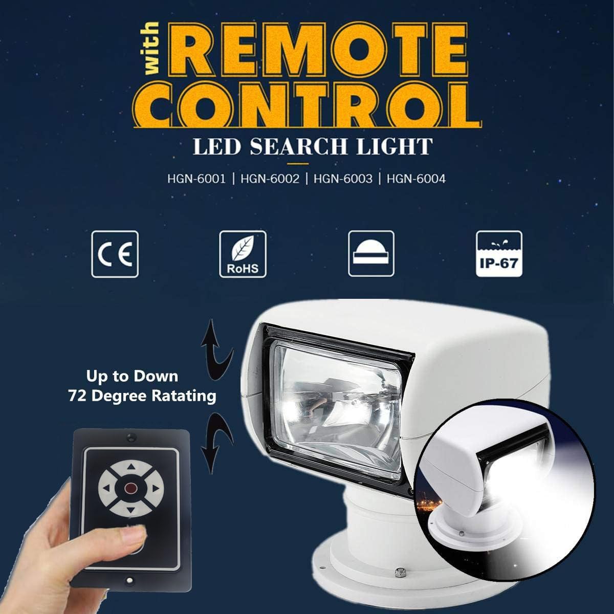 YoTmake 100W Remote Control Boat Spotlight - 360° Rotate Halogen Searchlight, White, Marine Use, 12V