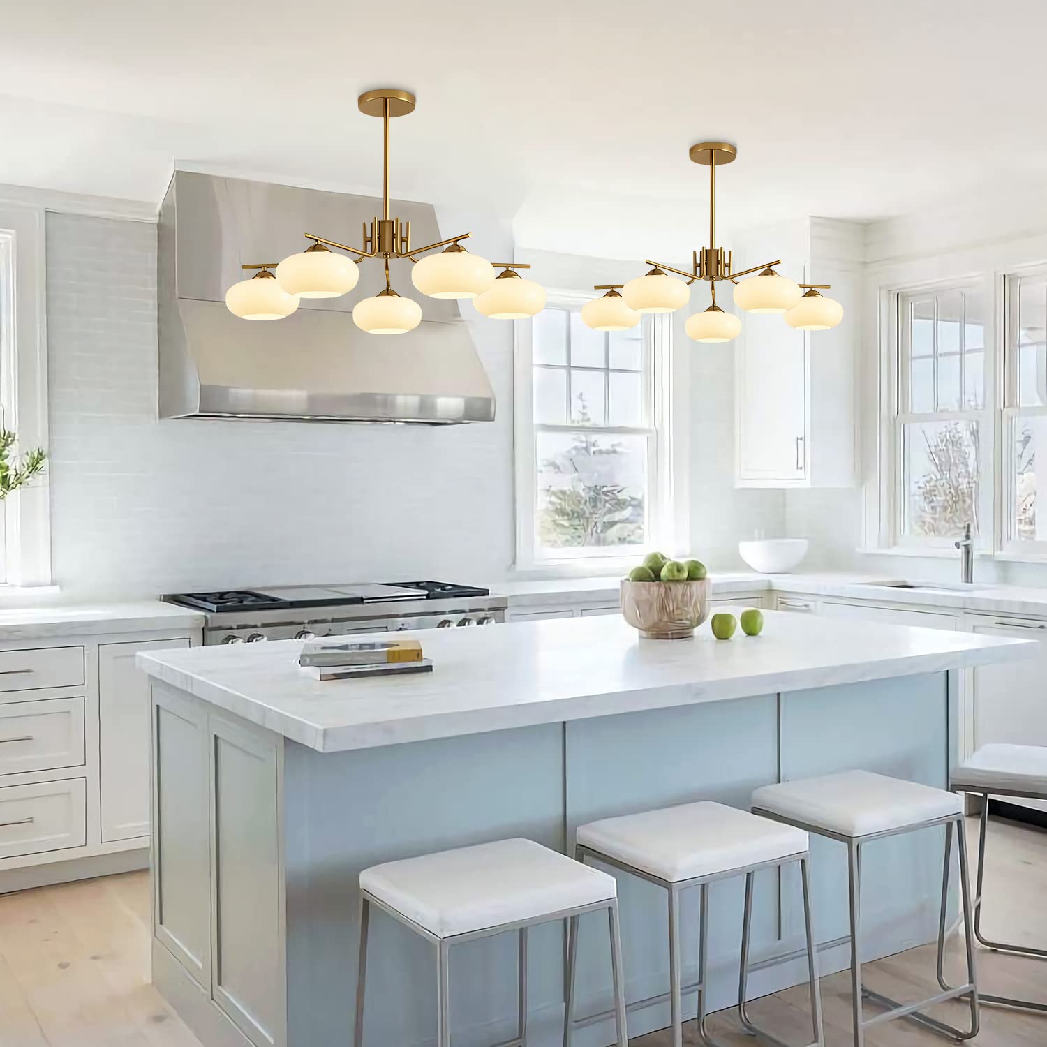 KCO 5-Light Globe Flush Mount Chandelier, Modern Brass Gold & Milk Glass, Model L1127-5-Head, Ideal for Kitchen Island & Dining Room