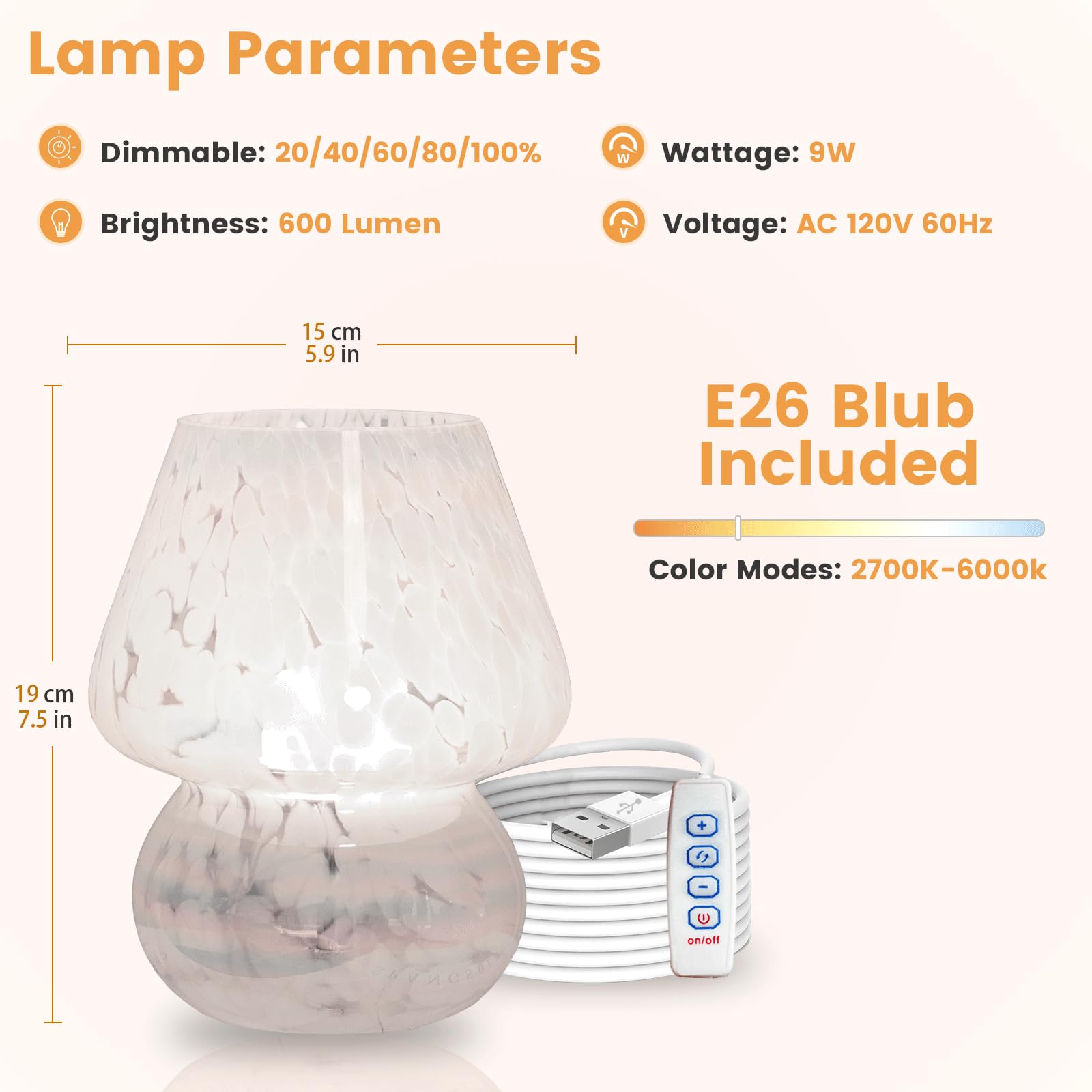 ULAROOM USB Mushroom Lamp - Dimmable LED Bedside Light, Rainbow White, Glass, Model TALPMSUSBMUC19X9Q1