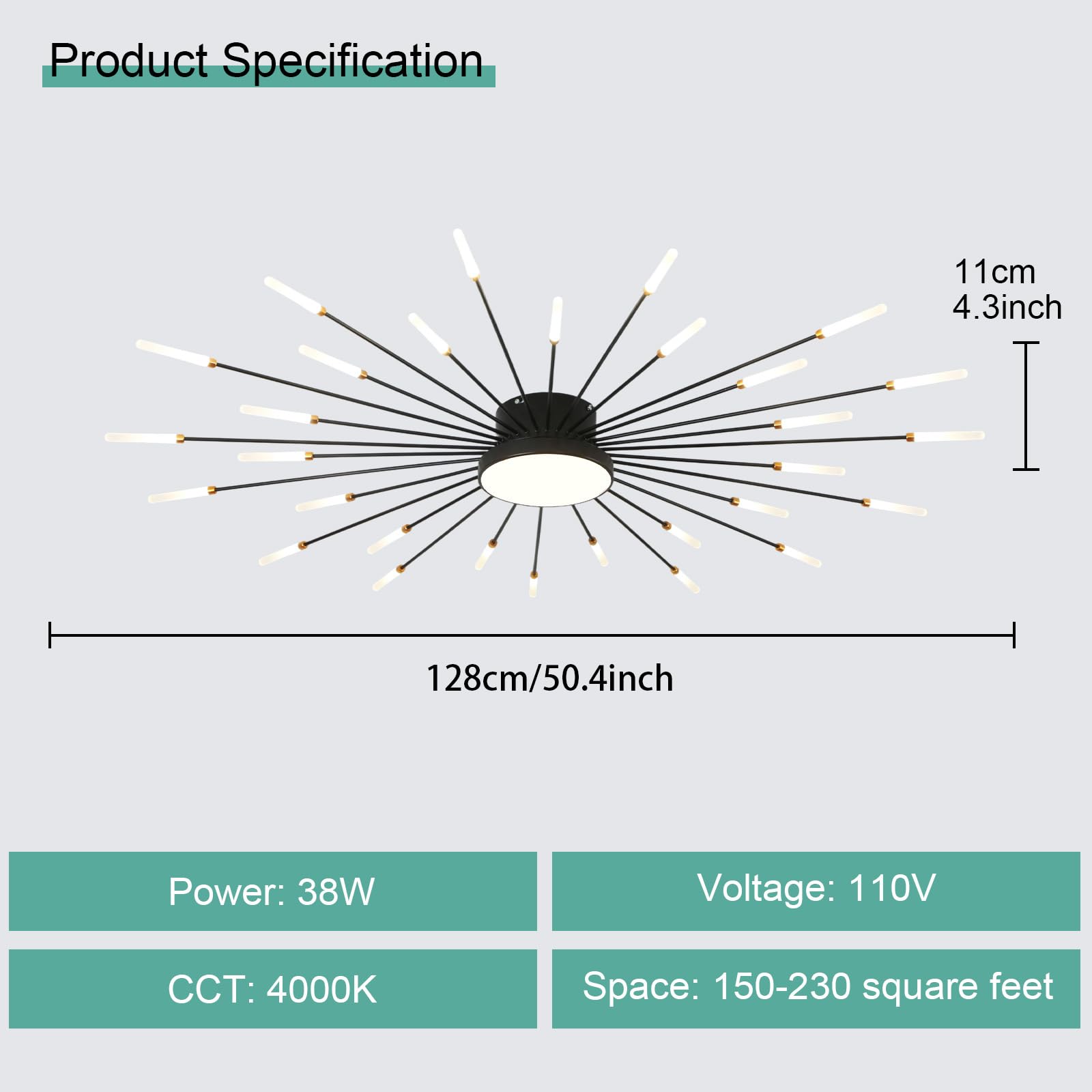 Ziidoo Modern Ceiling Light 30+1 Lights Metal Firework Designed Chic Led Lighting Fixture For Farmhouse Kitchen Dining Room Bedroom Hallway Living Room (Black)