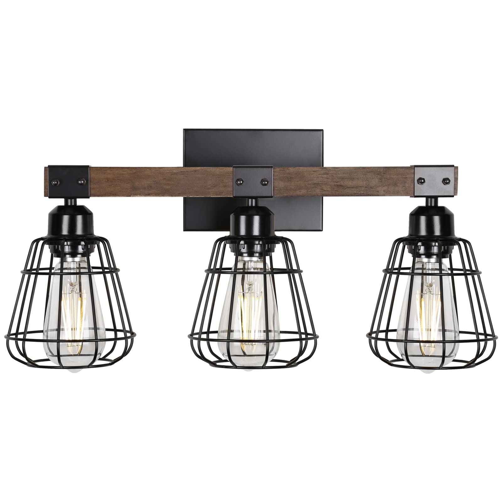 Telafly Farmhouse Vanity Light For Bathroom,3-Light Rustic Wooden Industrial Wall Lighting Fixture Over Mirror,Modern Matte Blac
