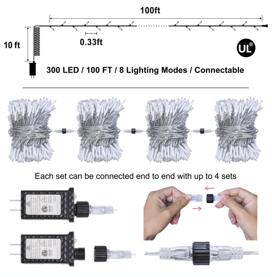 HRANBOTY 300LED Christmas String Lights, 100FT Warm White, 8 Modes, Indoor Outdoor, Plastic, Model HS-300L