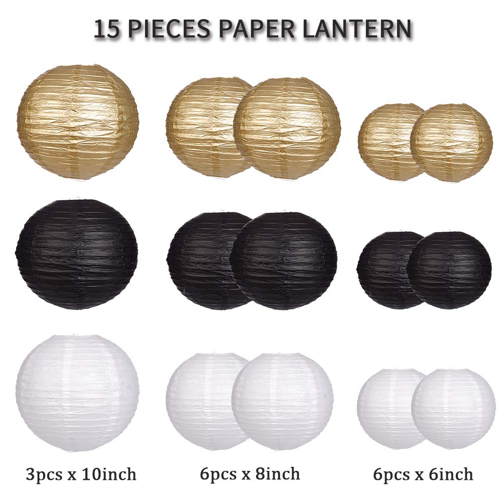 zilue Paper Lanterns 15pcs Decorative Party Supplies Black/Gold for Wedding, Graduation, Anniversary, Birthday - Model PL100306