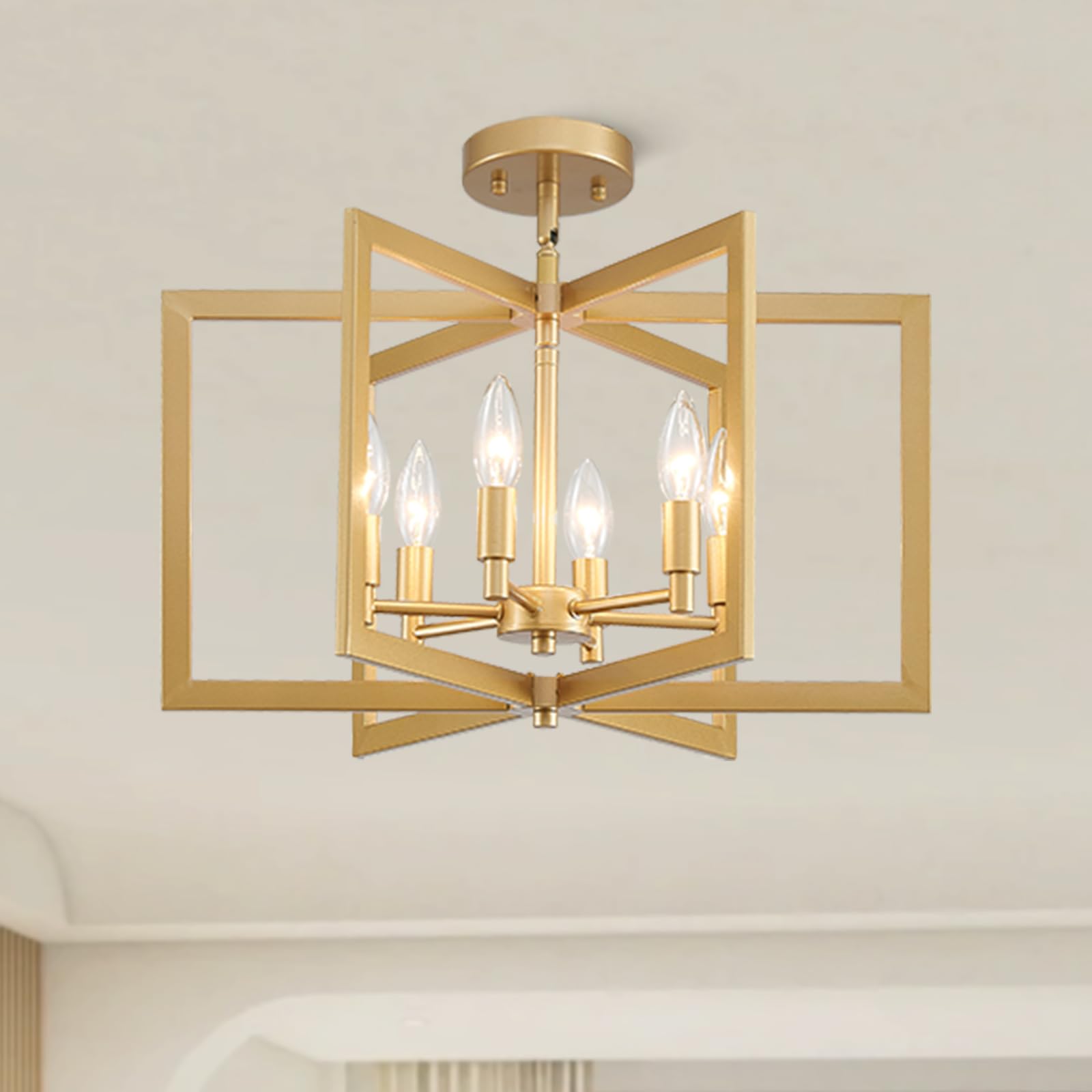 peskoe Gold Chandelier Modern Geometric 6-Light, Farmhouse Dining Room Light Fixture Over Table Kitchen Island Lighting Fixtures