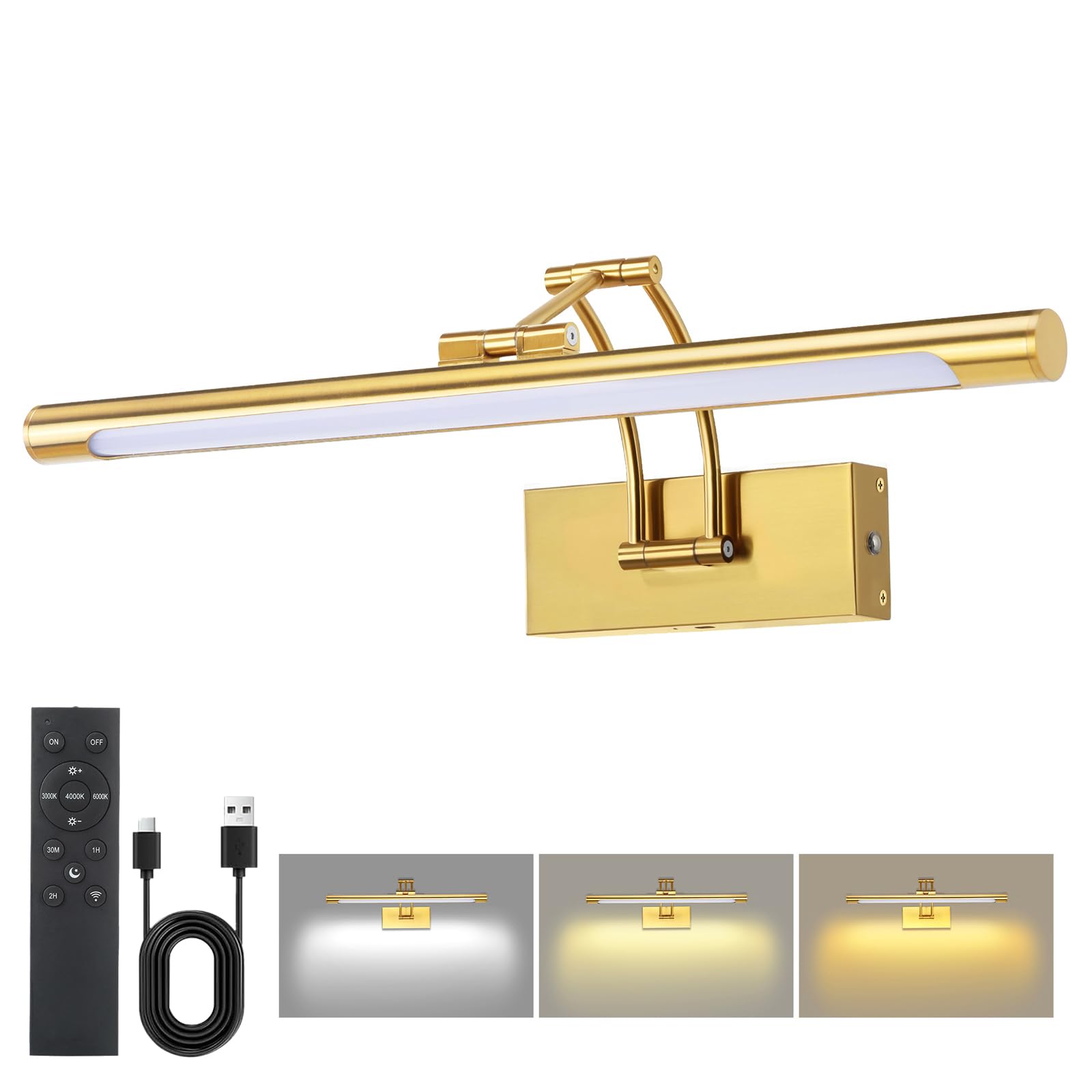 16 Picture Lights For Wall Battery Operated  Wireless Picture Light With Remote  Rechargeable Wall Light 3000K/4000K/6000K Dimmable  Art Lighting For discomfort-reducingtings Frame Gallery Dartboard Light  Brass