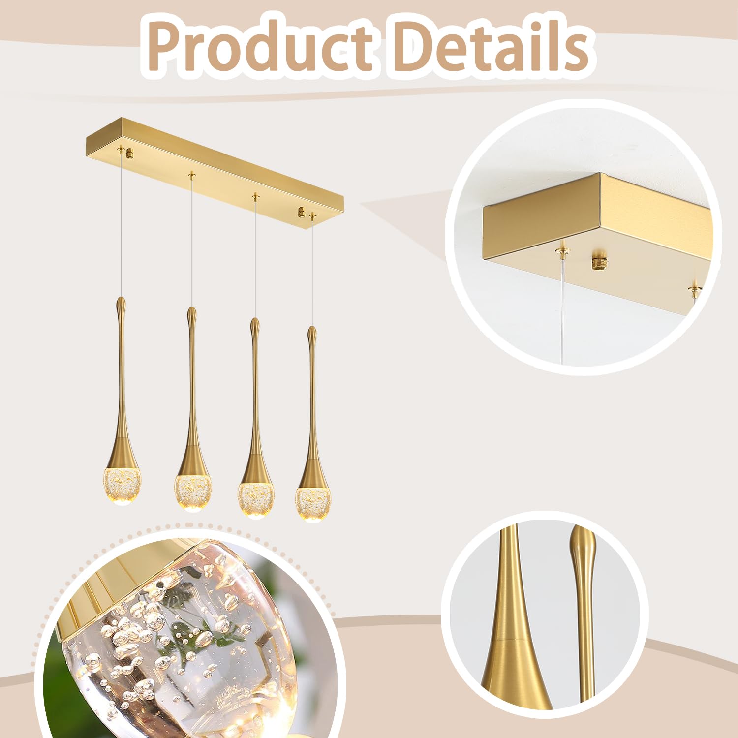 Ykolupty Dining Room Light Fixture 4-Light Gold Kitchen Island Lighting Industrial Linear Crystal Chandeliers For Dining Room Pe